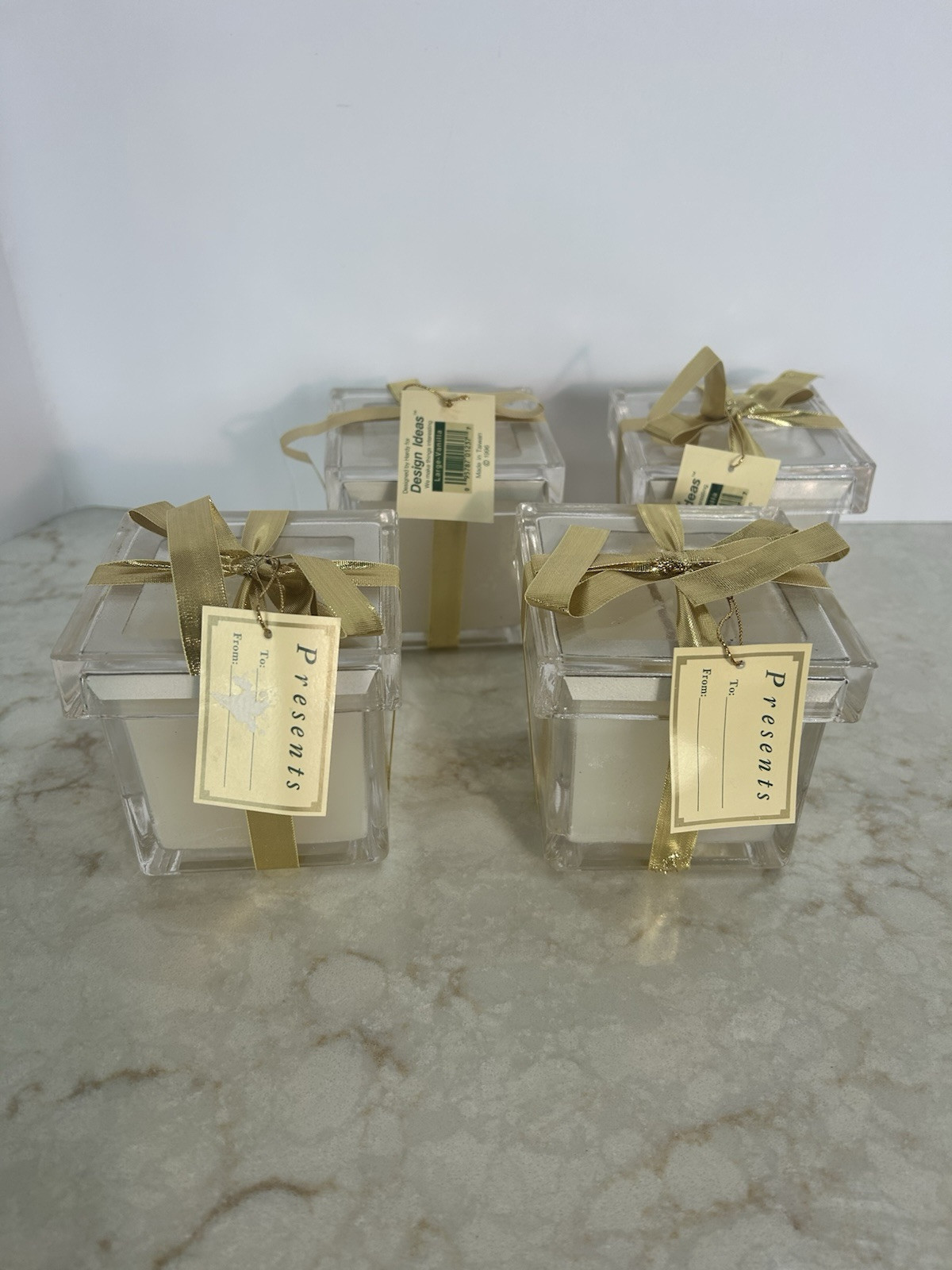 Design Idea Vanilla Candles Glass Cube Lid Gold Bow Present Design 3”x 3”