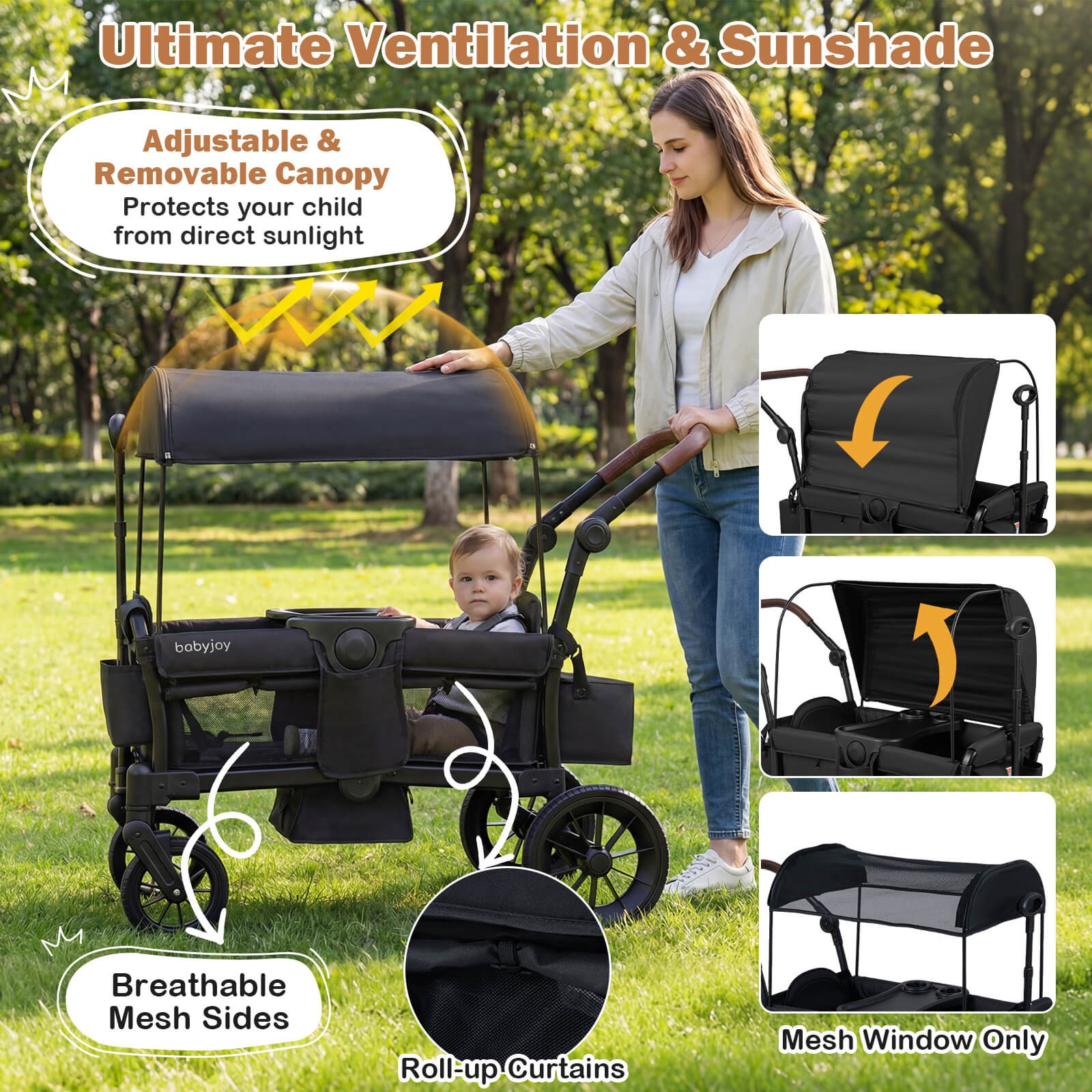 Foldable Wagon Stroller for 2 Kids, Double Seater Toddler Stroller w/ Canopy