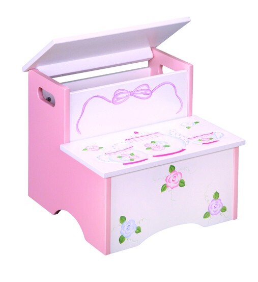 New Toddler Girl's Tea Party Pink Purple Wood Step Up Storage Stool Toy Box