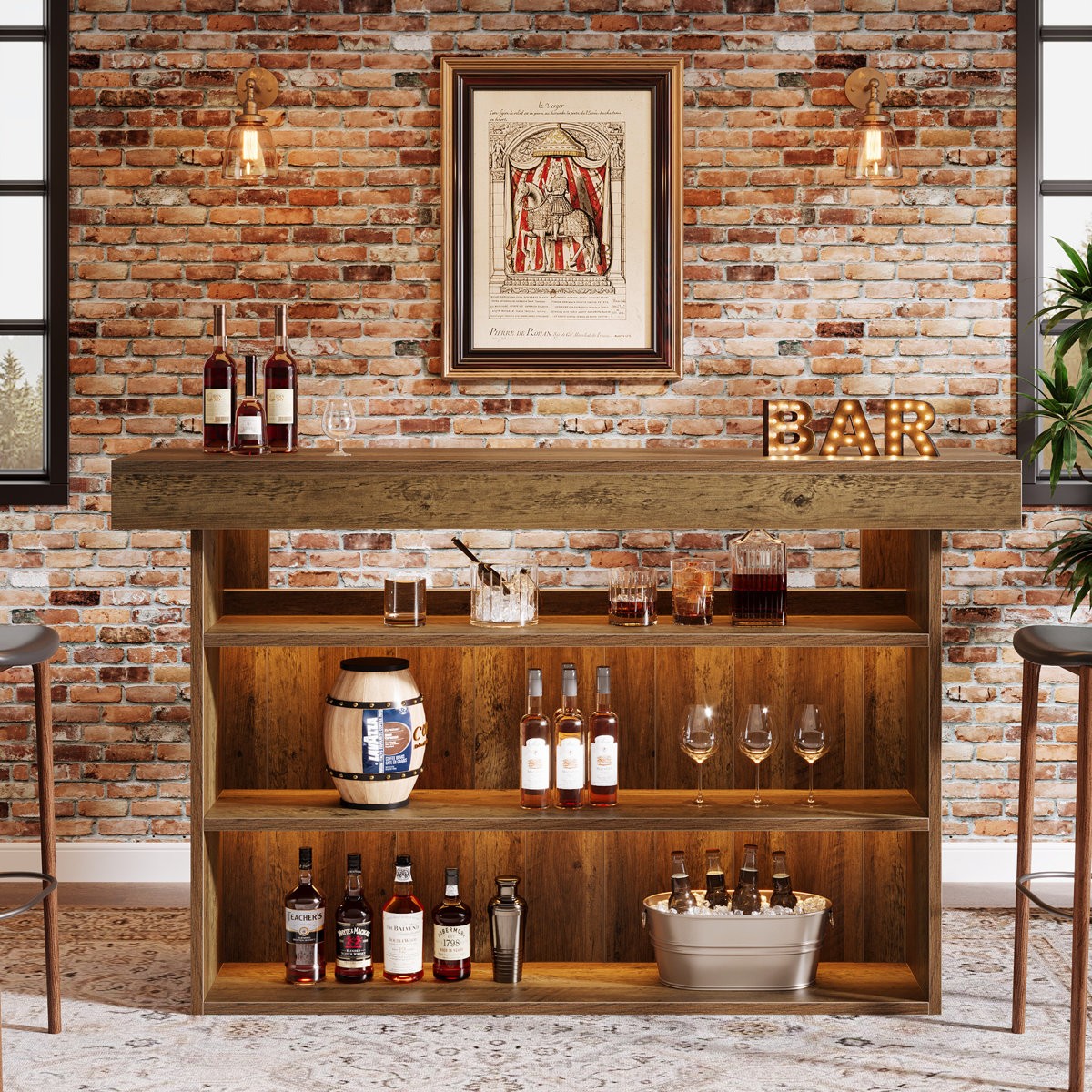 63" Modern Wood Bar Table, 4-Tier Counter Height Pub Table with Storage Shelves