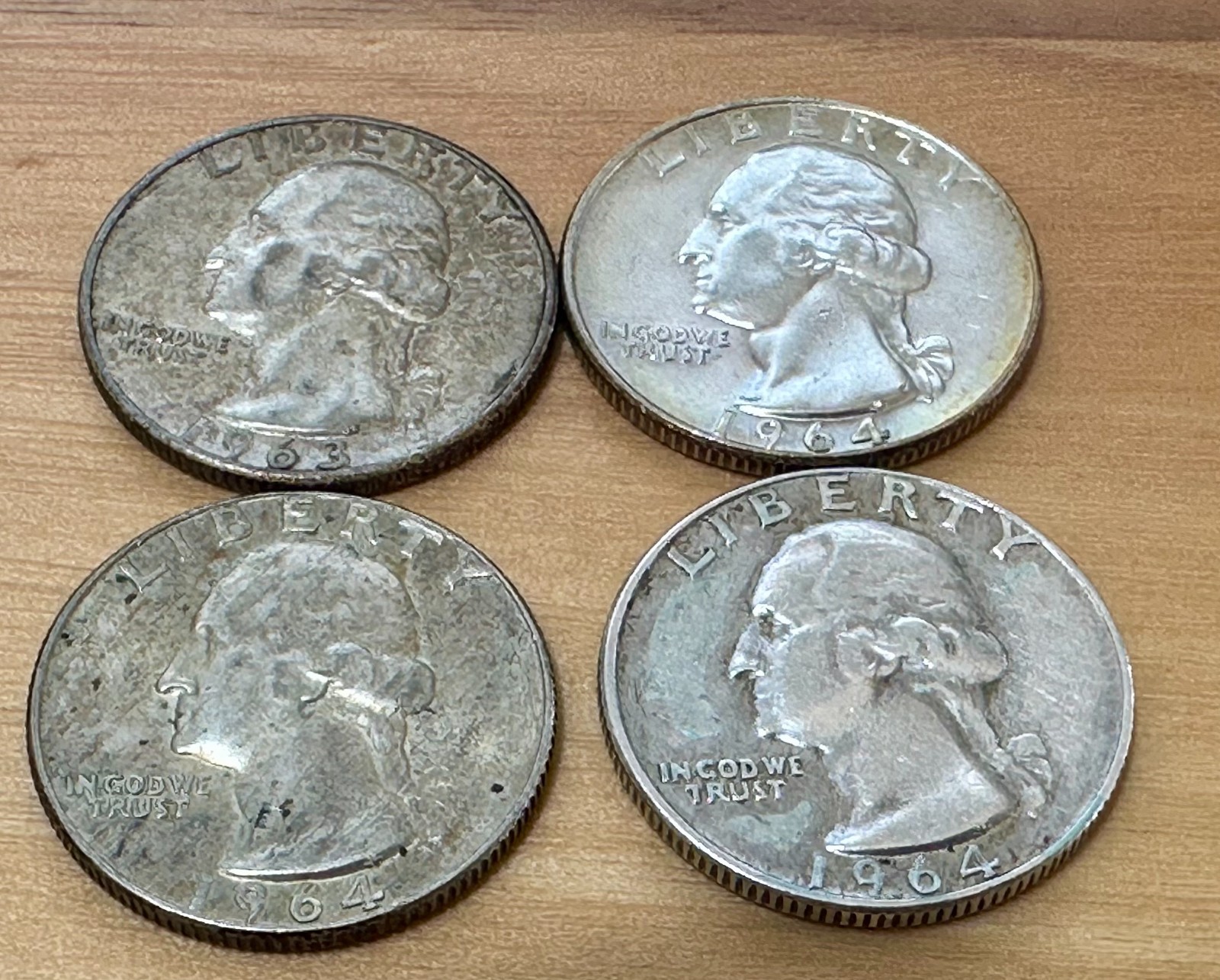 Silver Washington Quarters 90% Silver Quarter 4 coins 1964 - 1963