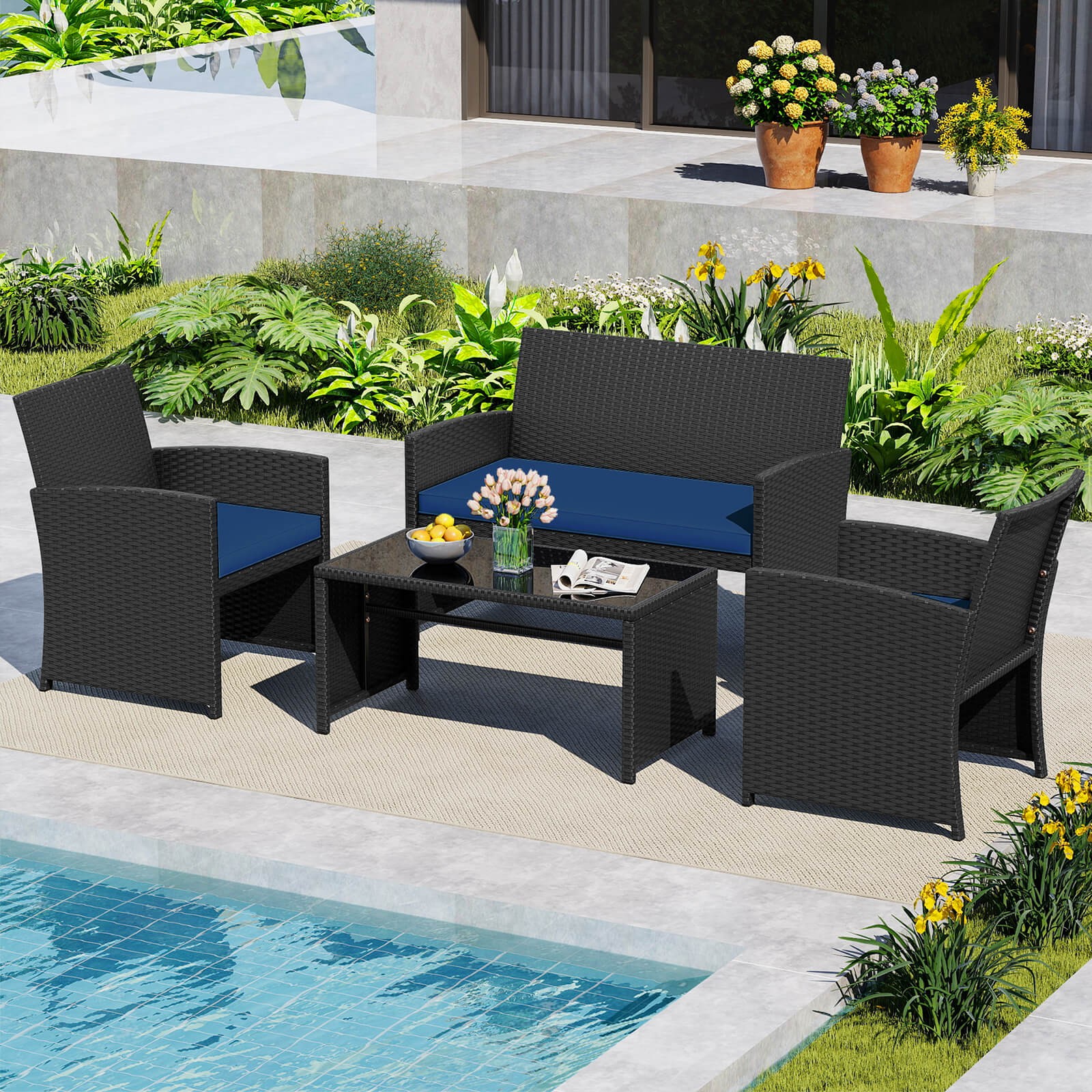 4 PCS Patio Conversation Set w/Seat Cushions & Tempered Glass Tabletop, Porch