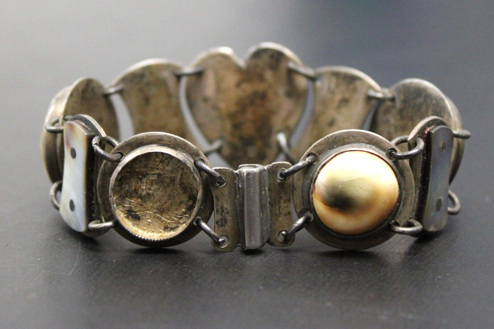1944 Silver WW2 Sweetheart Panel Bracelet Made From Coins & Shells 7" 59.6g
