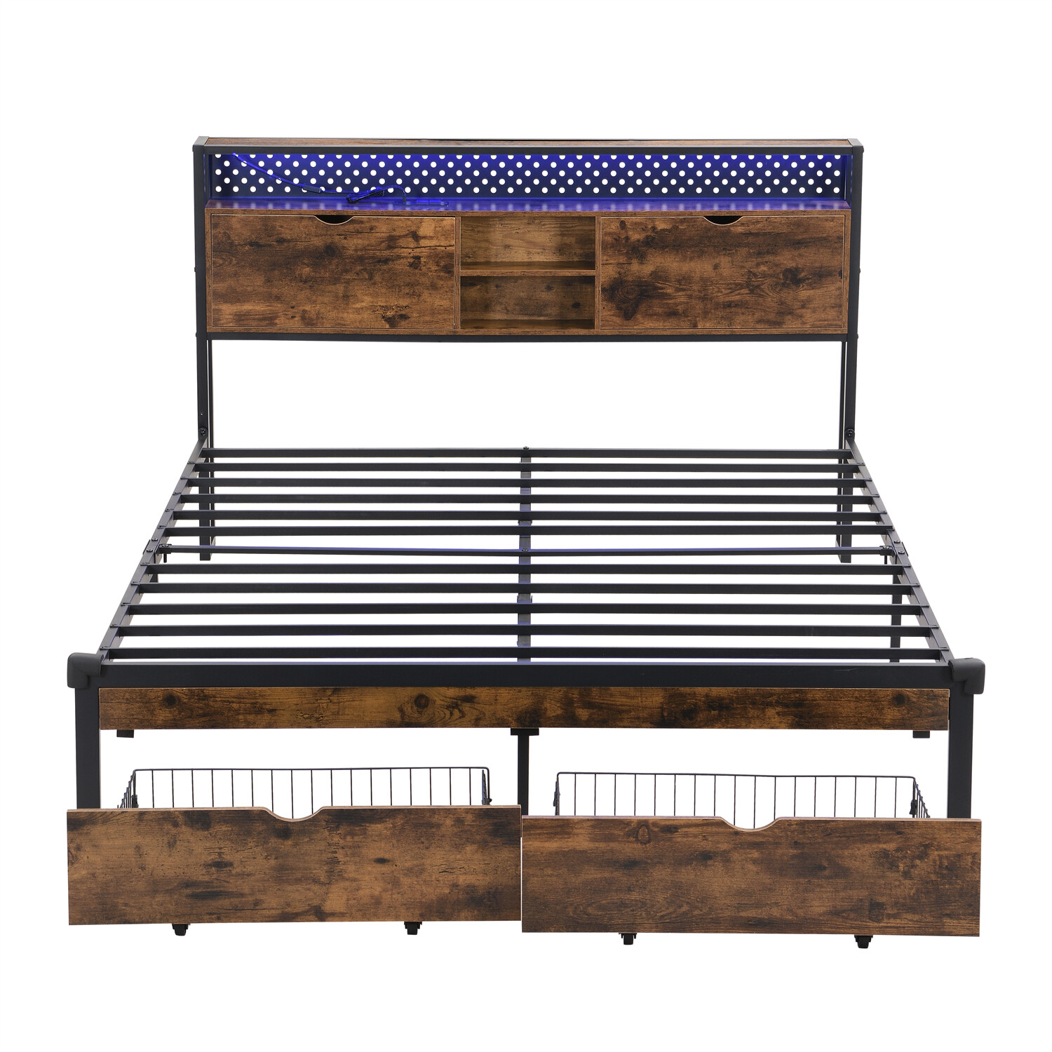 Full/Queen/King Size LED Bed Frame Metal Platform Bed w/ Charging Station