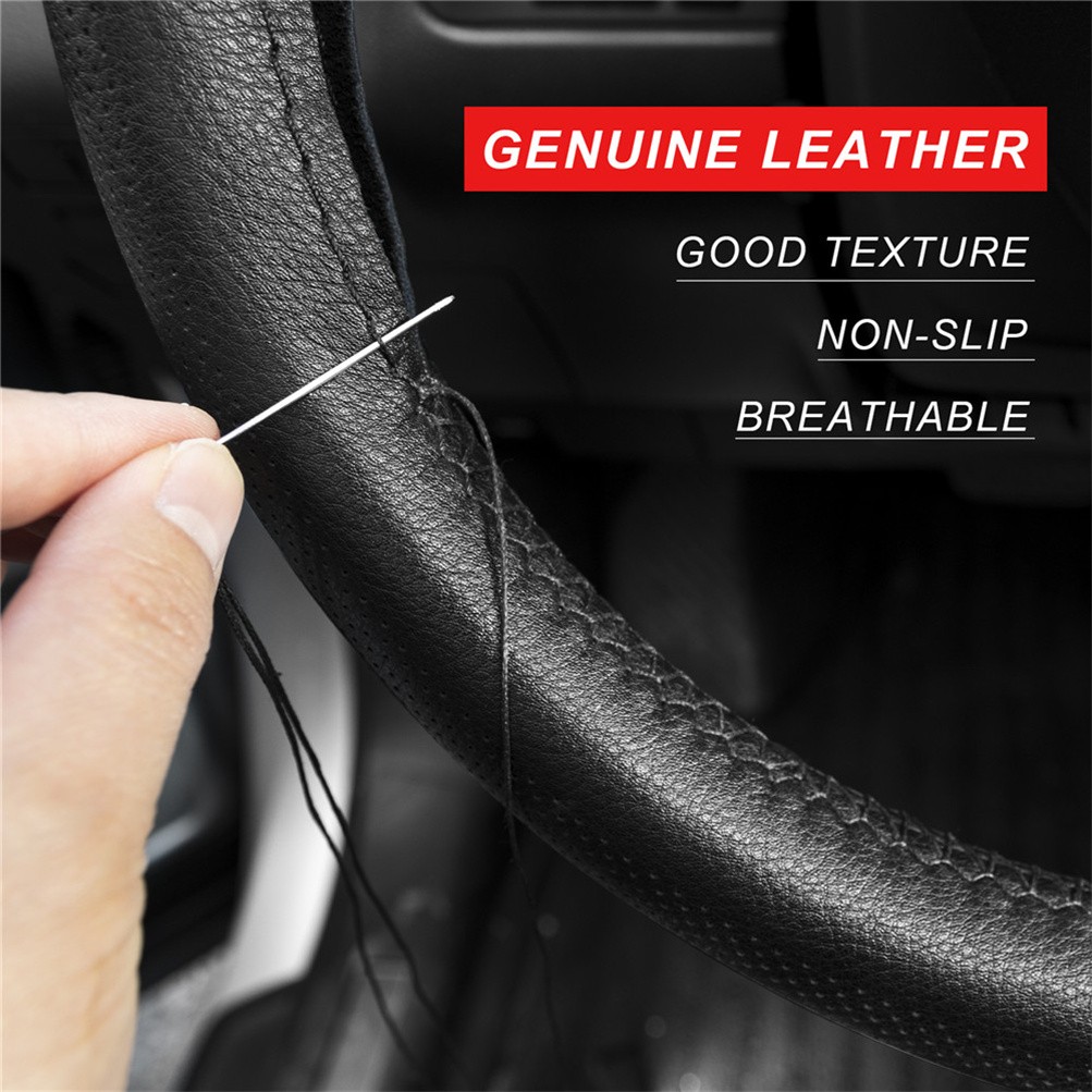 Genuine Leather DIY Car Steering Wheel Cover Non-slip For 15"/38 cm Dia Black