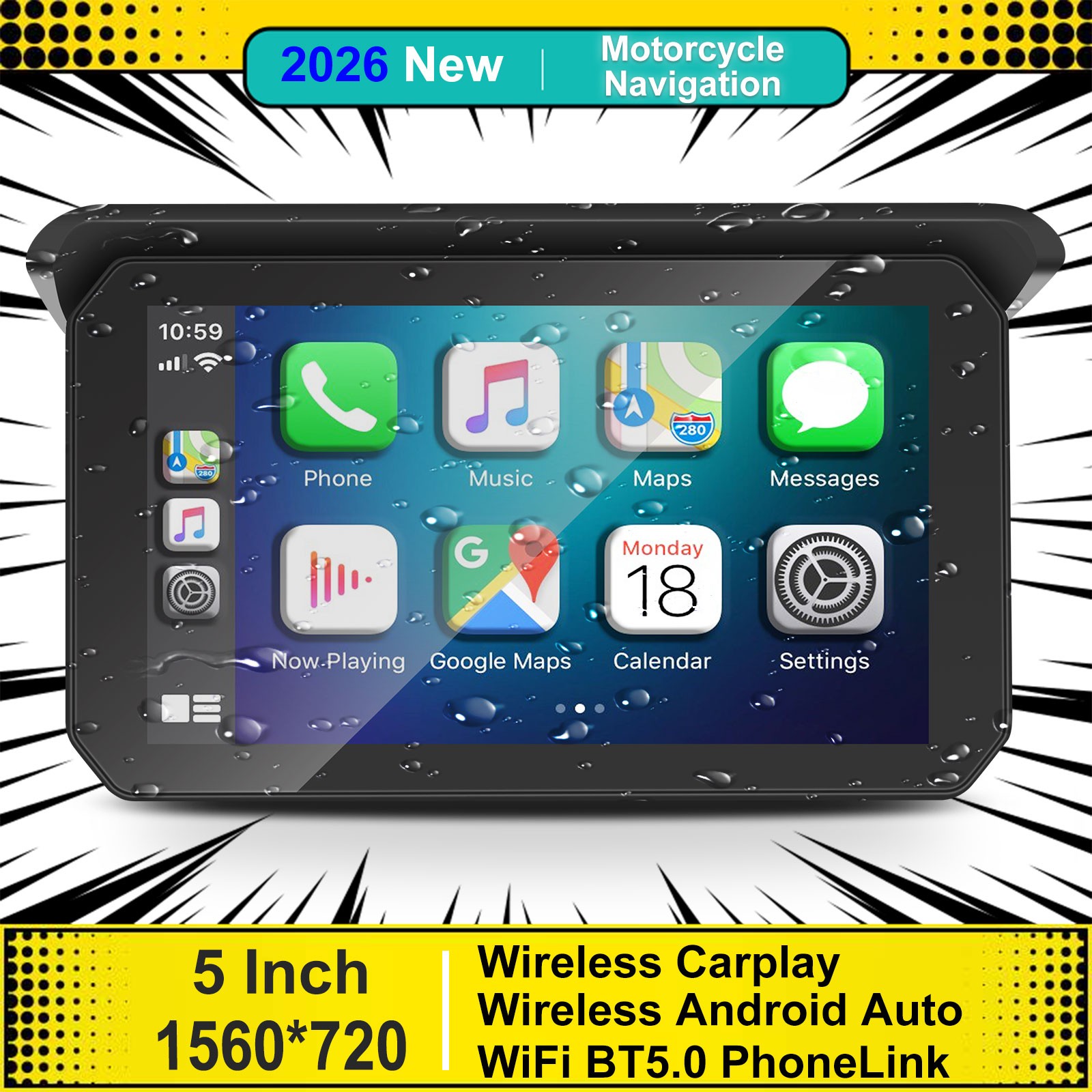 5" Motorcycle CarPlay GPS Navigation Waterproof Hands-Free Calling Siri Support
