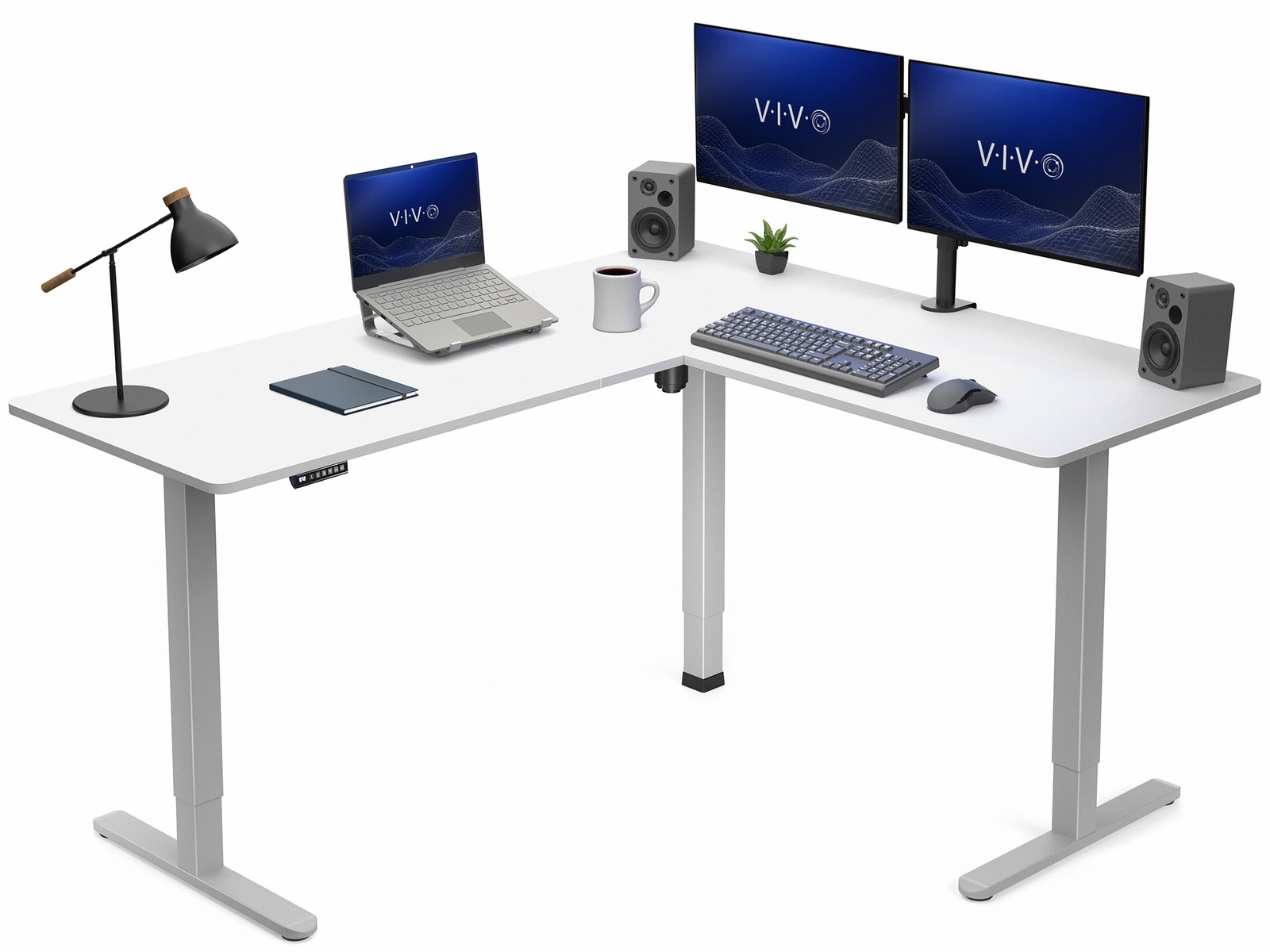VIVO White / Gray Electric 63" x 55" Corner Desk, L-Shaped Workstation
