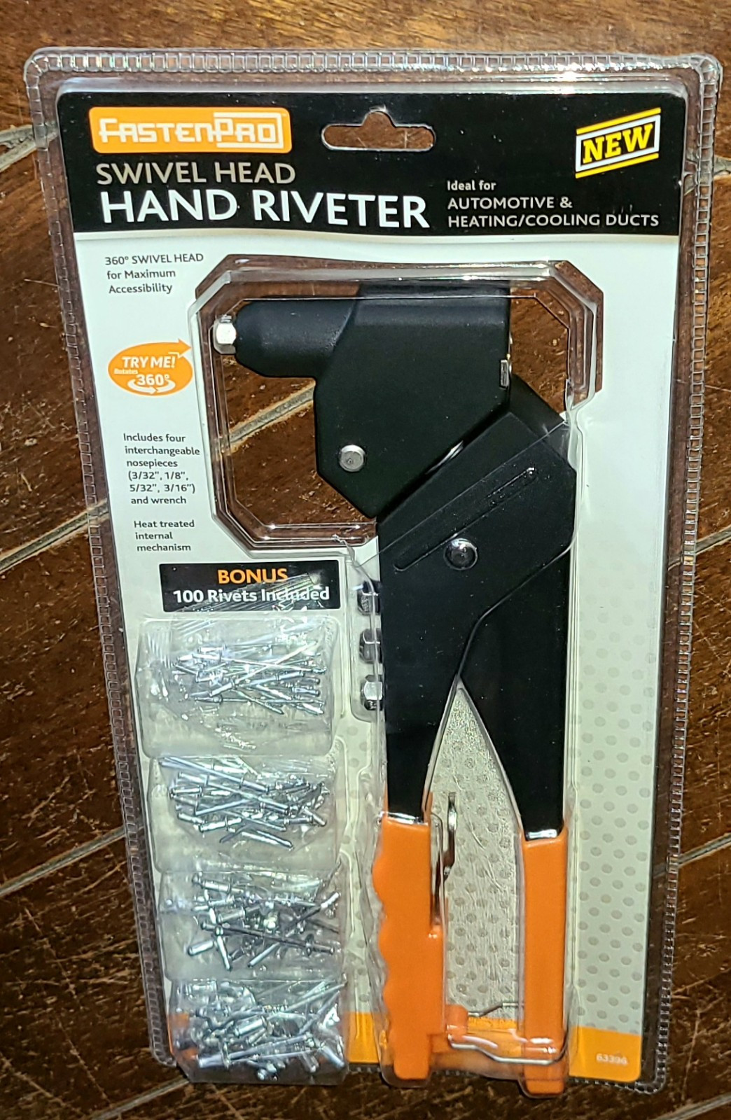 Hand Riveter: Swivel Head (3/32, 1/8, 5/32 & 3/16), Wrench & 100 Rivets - #63396