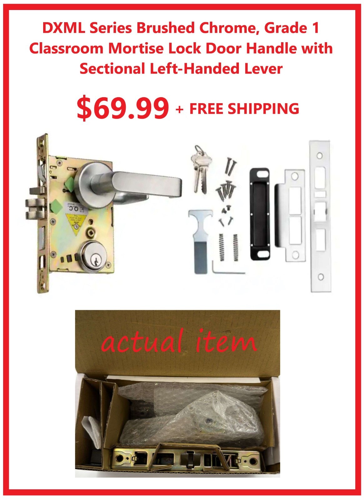 DXML Series Brushed Chrome, Grade 1 Safety, Mortise Lock Door Handle