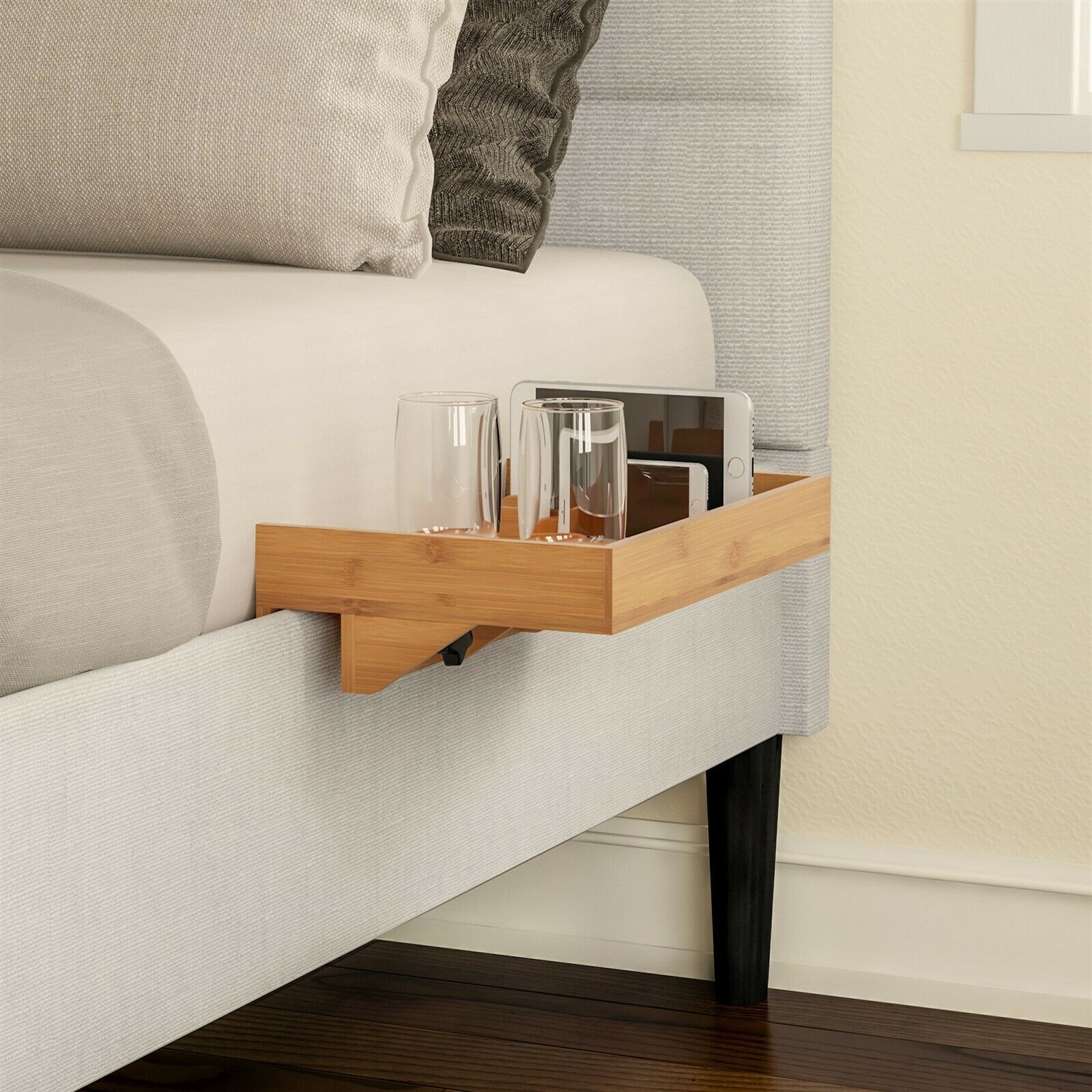 Wooden Bamboo Bed Frame Floating Clamp on Shelf Tray Night Stand 13 x 9 Inch