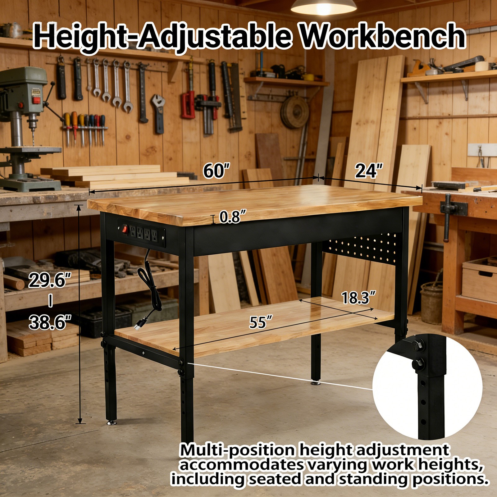 Workbench with Power Outlets & USB, 2500LBS Capacity, Adjustable Height, 60"x24"
