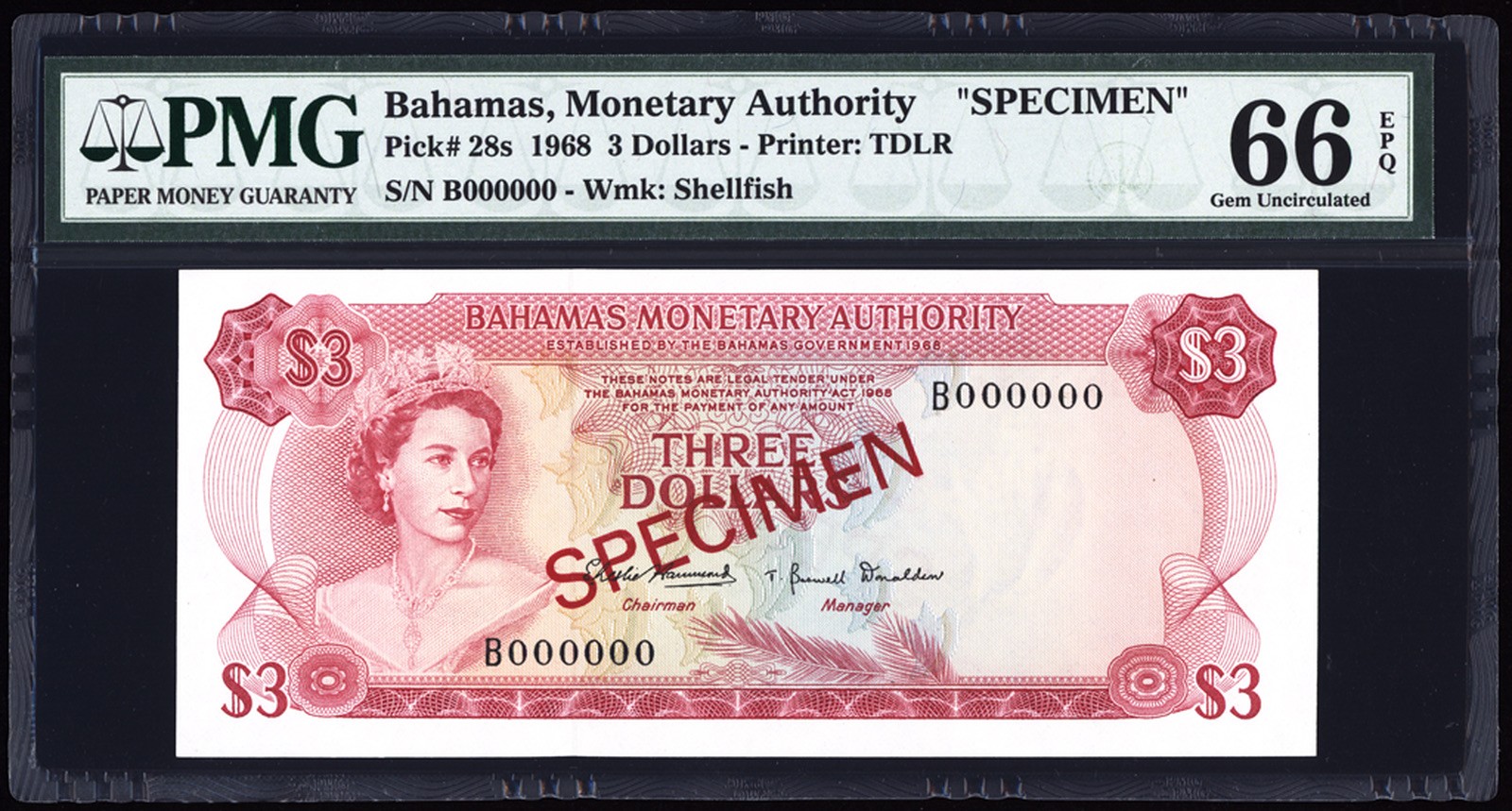 Bahamas 3 Dollars Specimen 1968 P28s PMG Gem Uncirculated 66 EPQ