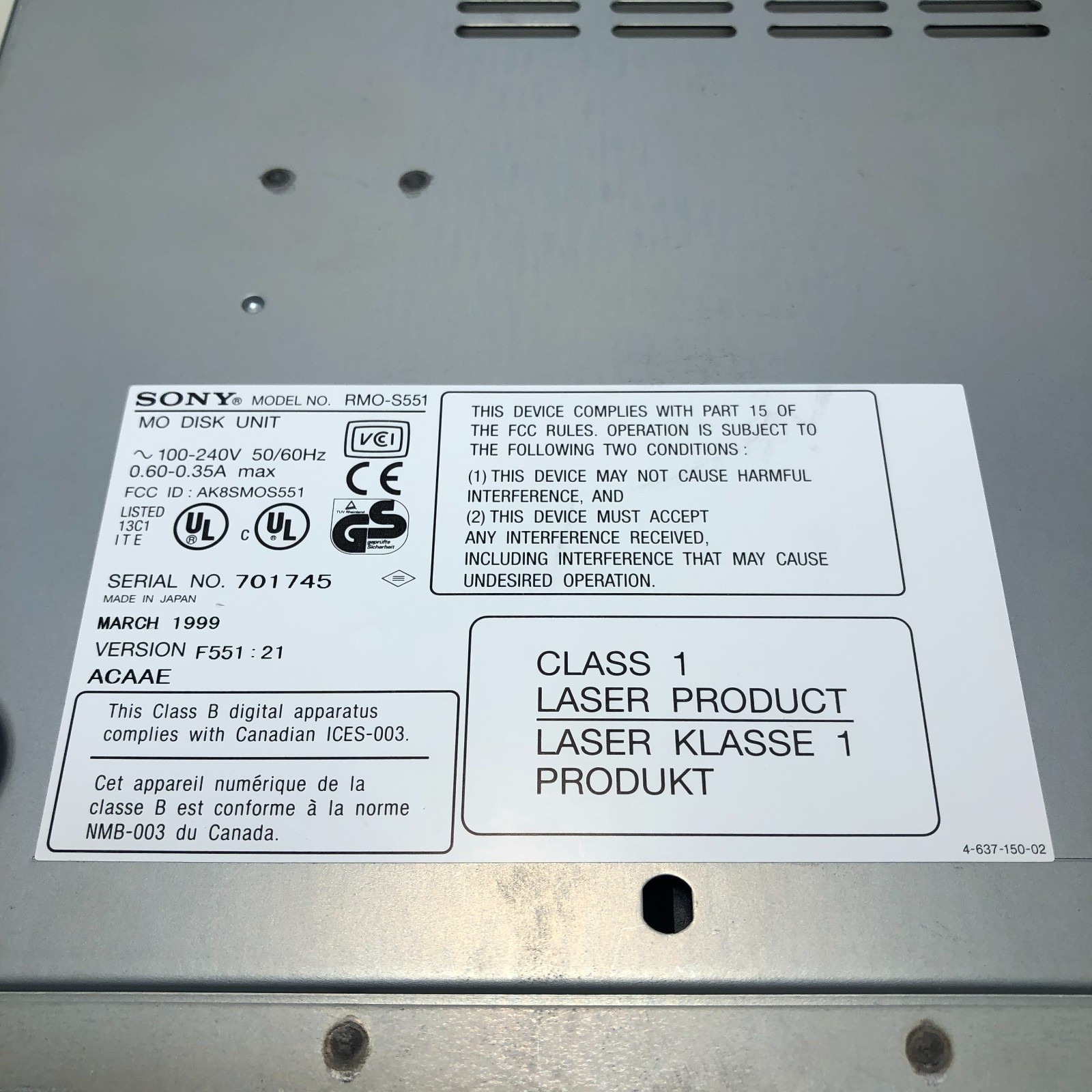 Sony RMO-S551 External MO Disk Drive Unit SCSI Untested (For Parts)