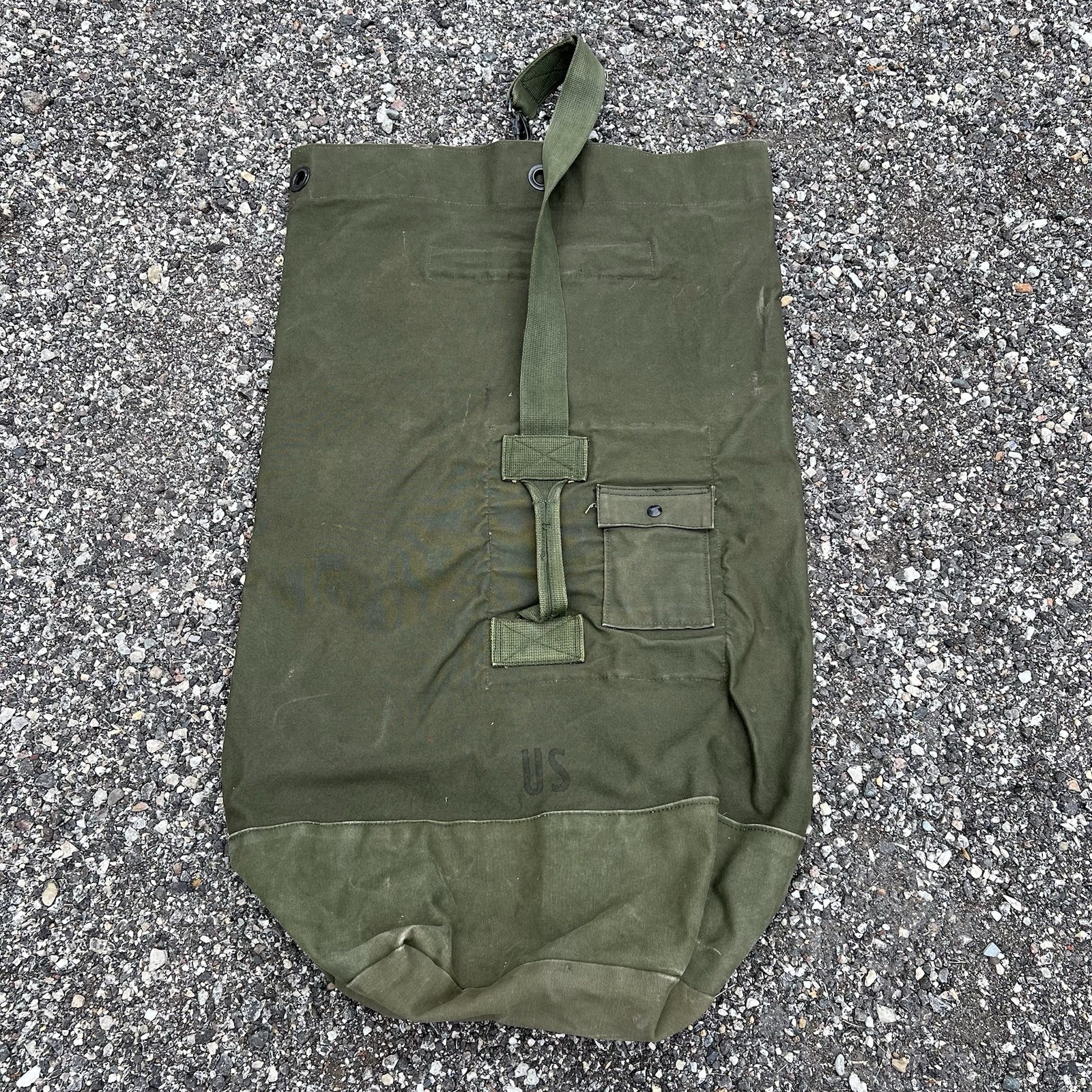 Vintage Distressed US Military Stenciled Canvas Duffle Bag w/Pocket & Strap