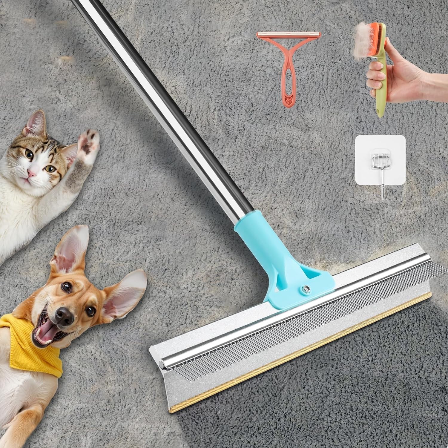 2 in 1 Carpet Rake for Pet Hair Removal, Reusable Pet Hair Remover, 54”