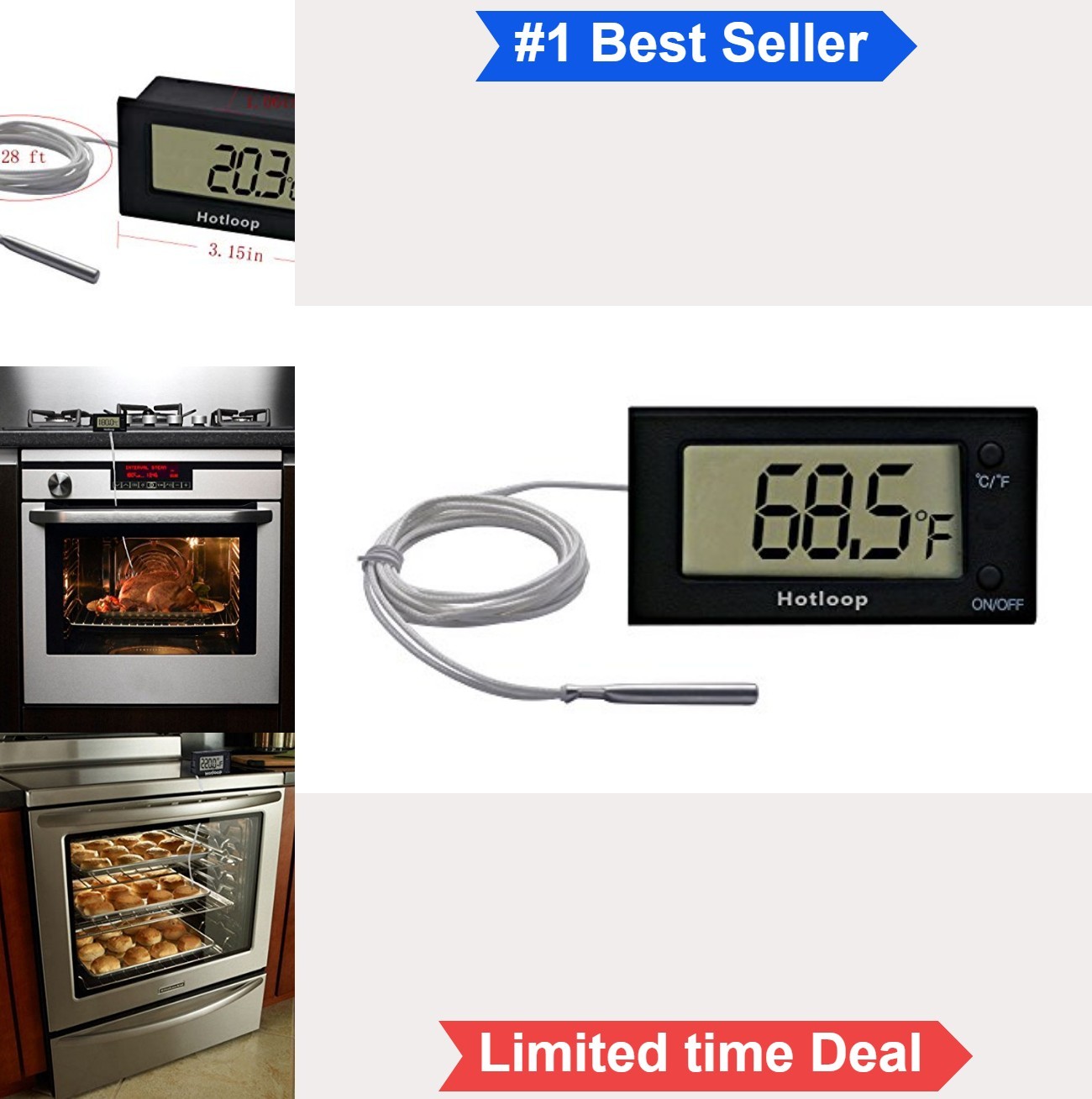 Oven Thermometer Digital Heat Resistant to 572F 300C LCD Display Stainless