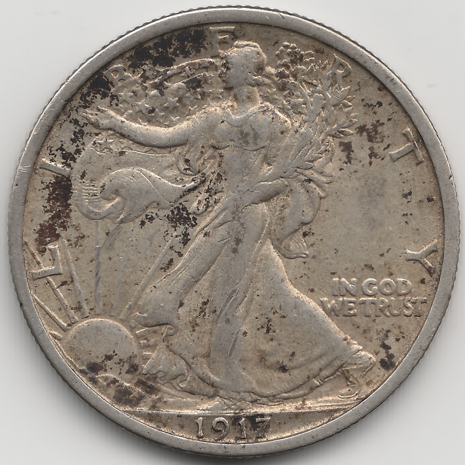 1917 Walking Liberty Half Dollar, AU, Machine/Mechanical Doubling