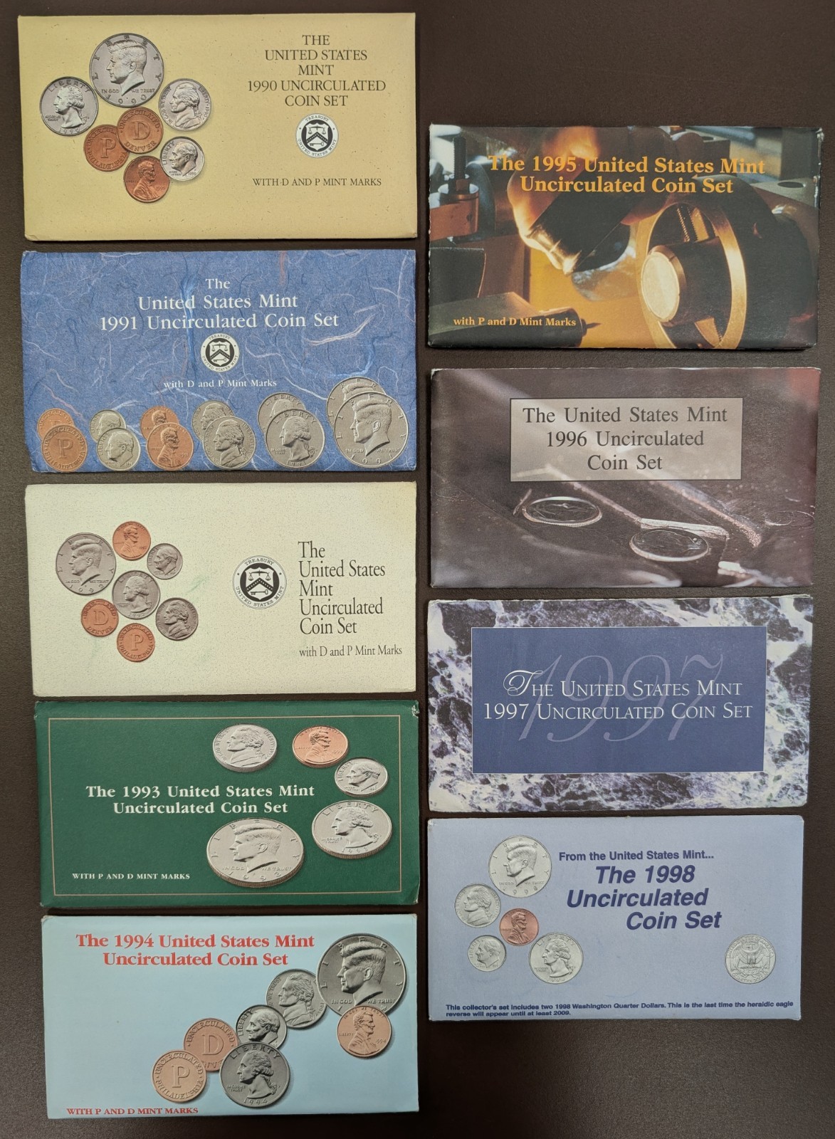 1990-1998 P & D U.S. Mint Sets Uncirculated OGP Envelope Lot of (9) Annual Sets