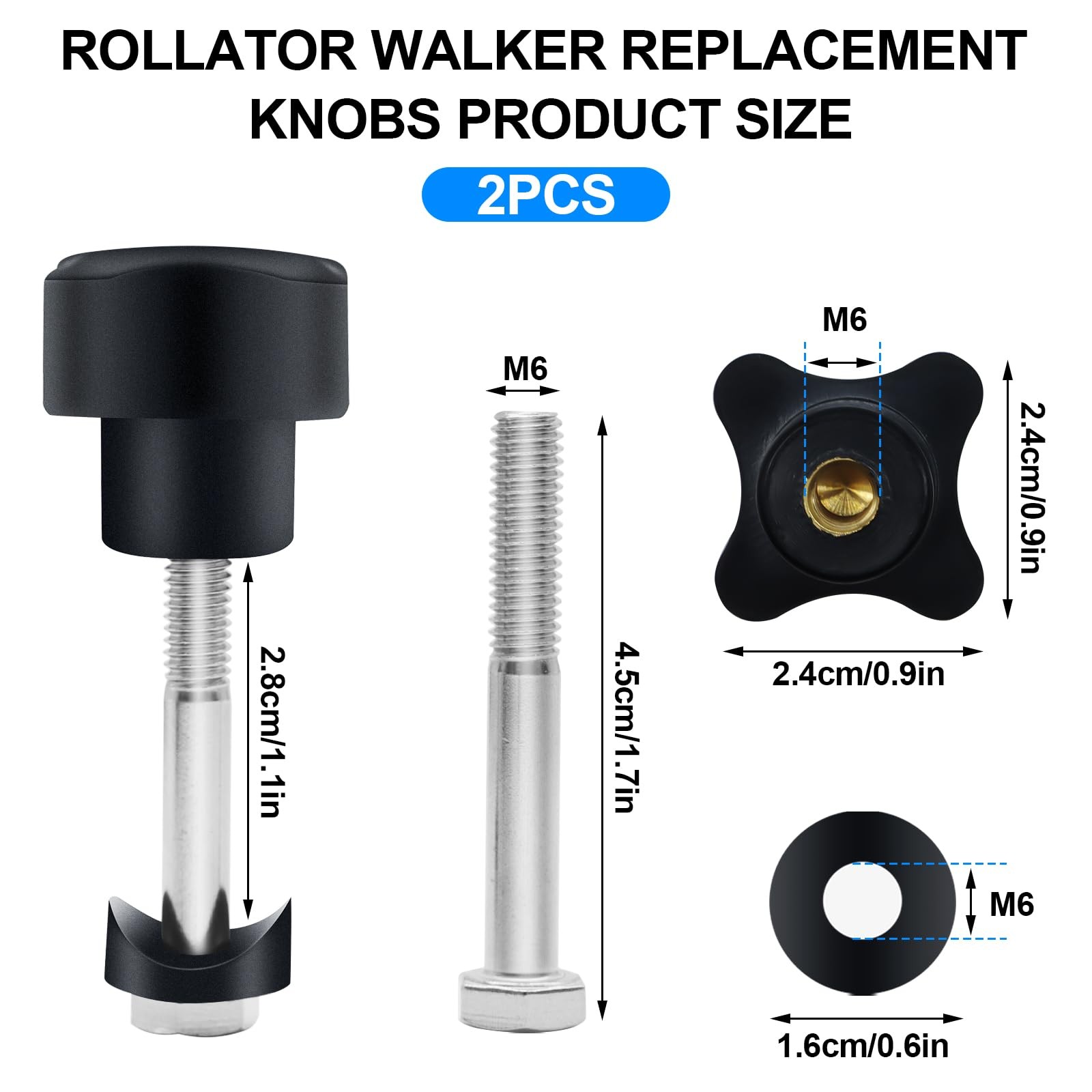 Yasdyri Rollator Walker Replacement Knob 2 PCS Arm Black
