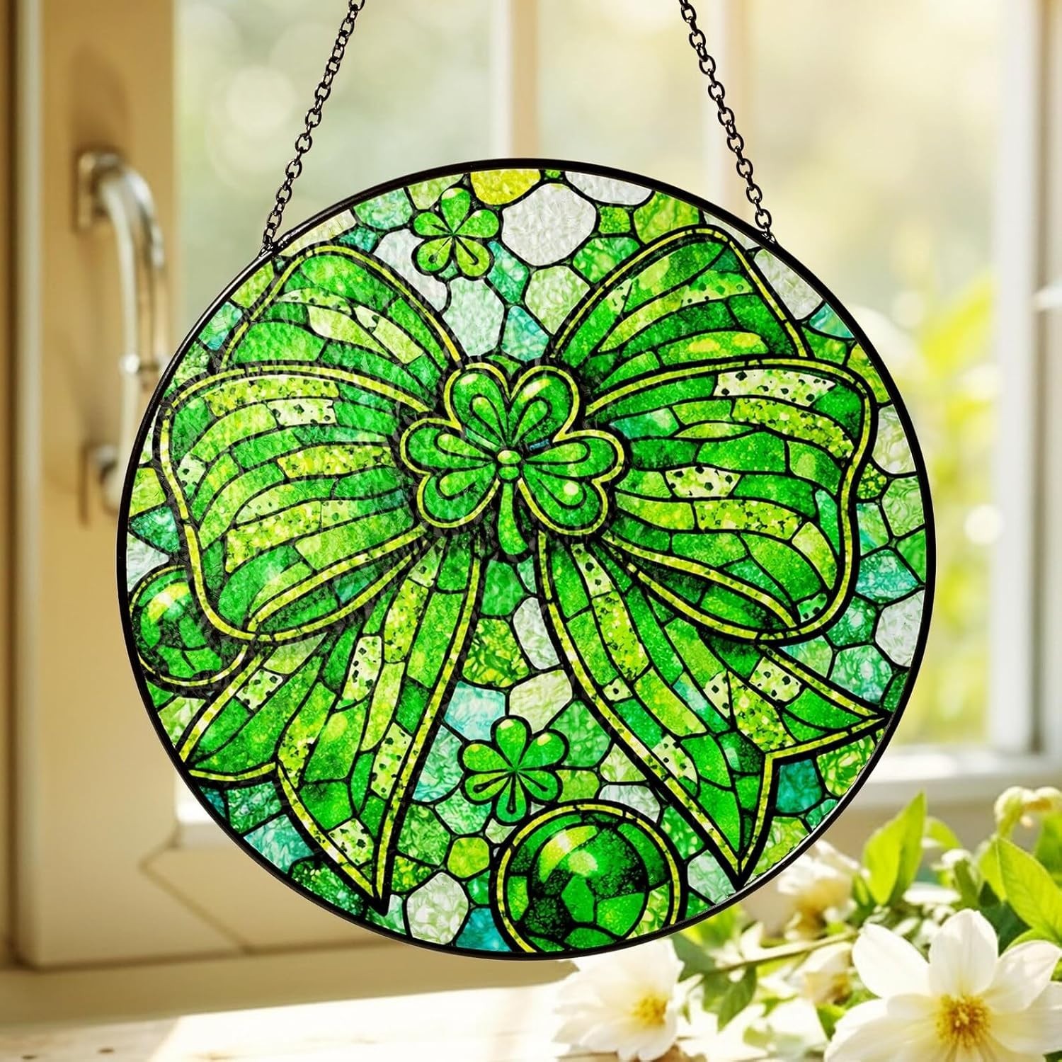 Coquette Patrick’s Day Suncatcher Lucky Shamrock Bow Irish Green Holiday Decor,