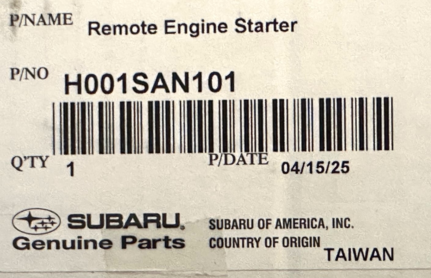Genuine Subaru Remote Start 2020-2025 Legacy & Outback w/ KEY Start H001SAN101