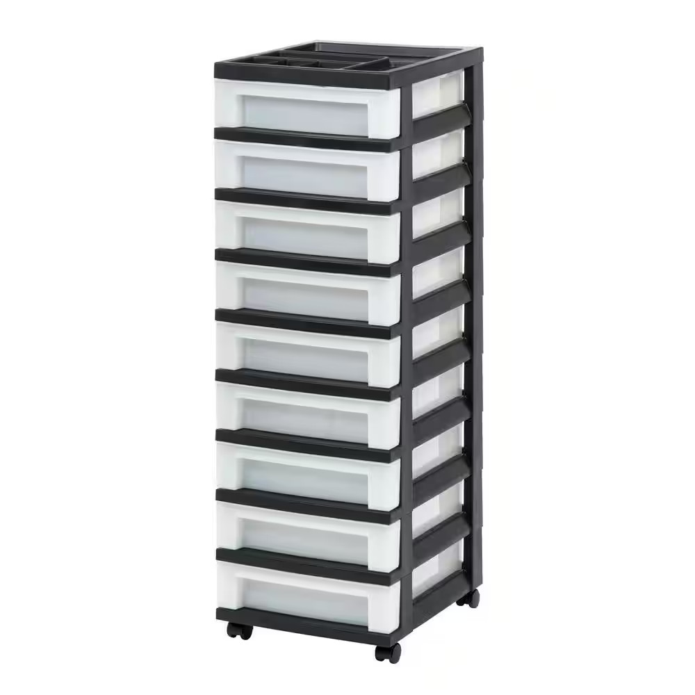 9 Drawer Storage Cart with Organizer Top, Black and Pearl (14.25 In. L X 12.05 I