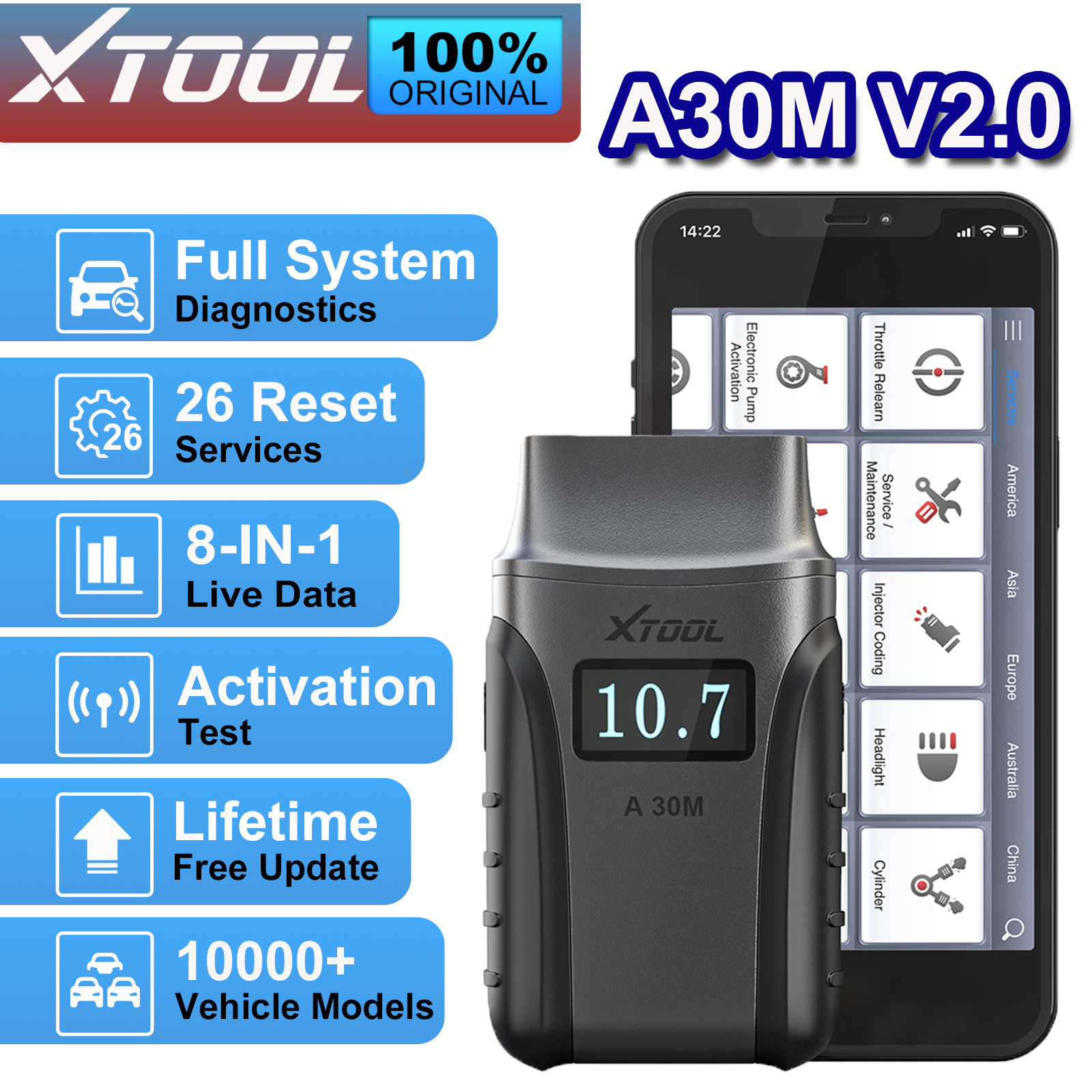 XTOOL A30M V2.0 OBD2 SCanner All System Auto Diagnostic Tool Bluetooth 19+Reset