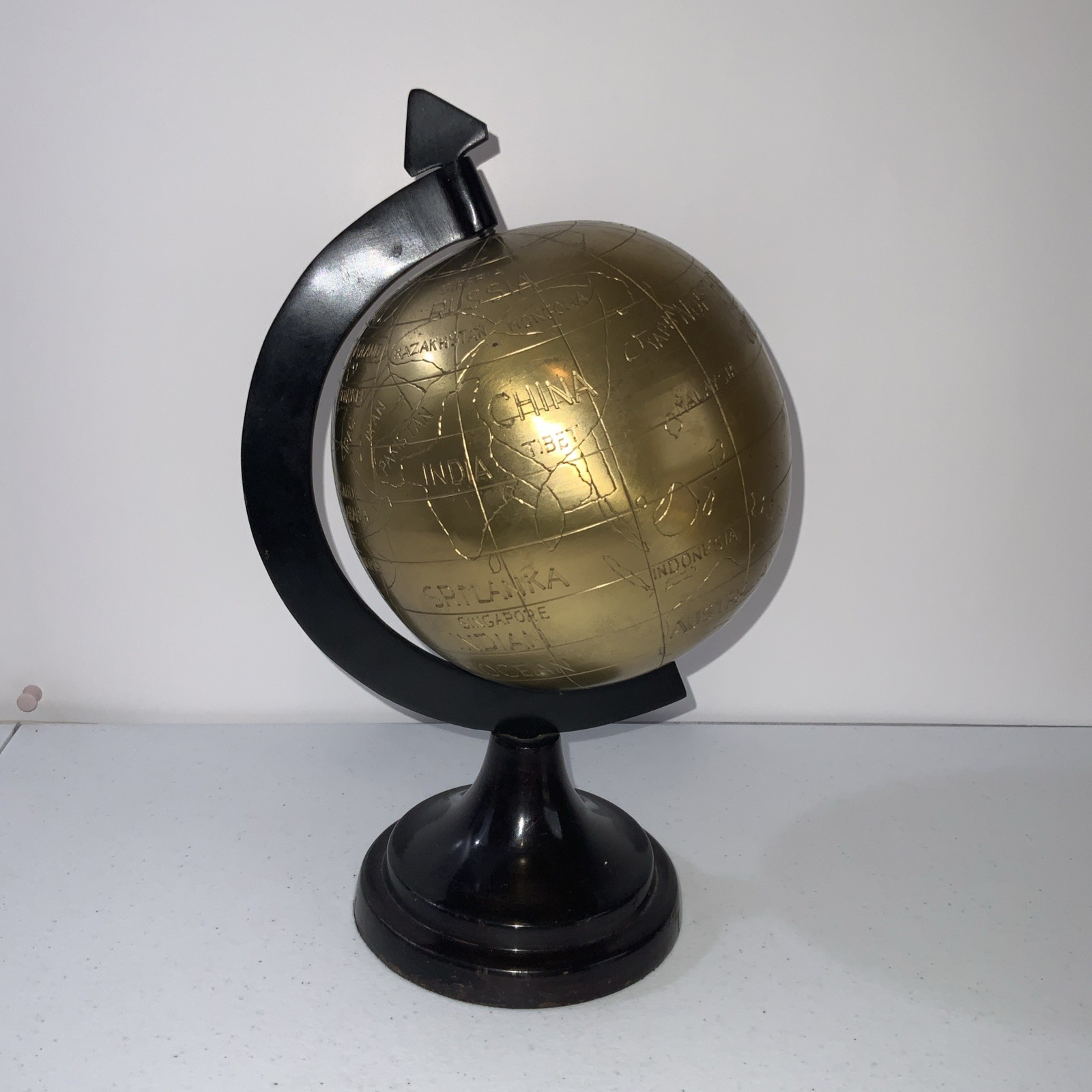 Gold Tone World Globe Desk Decor Black Stand Modern Office Home Accent