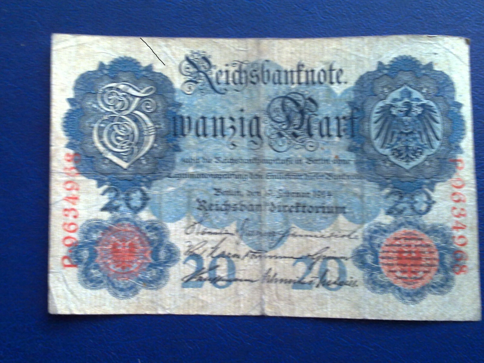 1914 GERMAN 20 MARK BANKNOTE-VERY GOOD