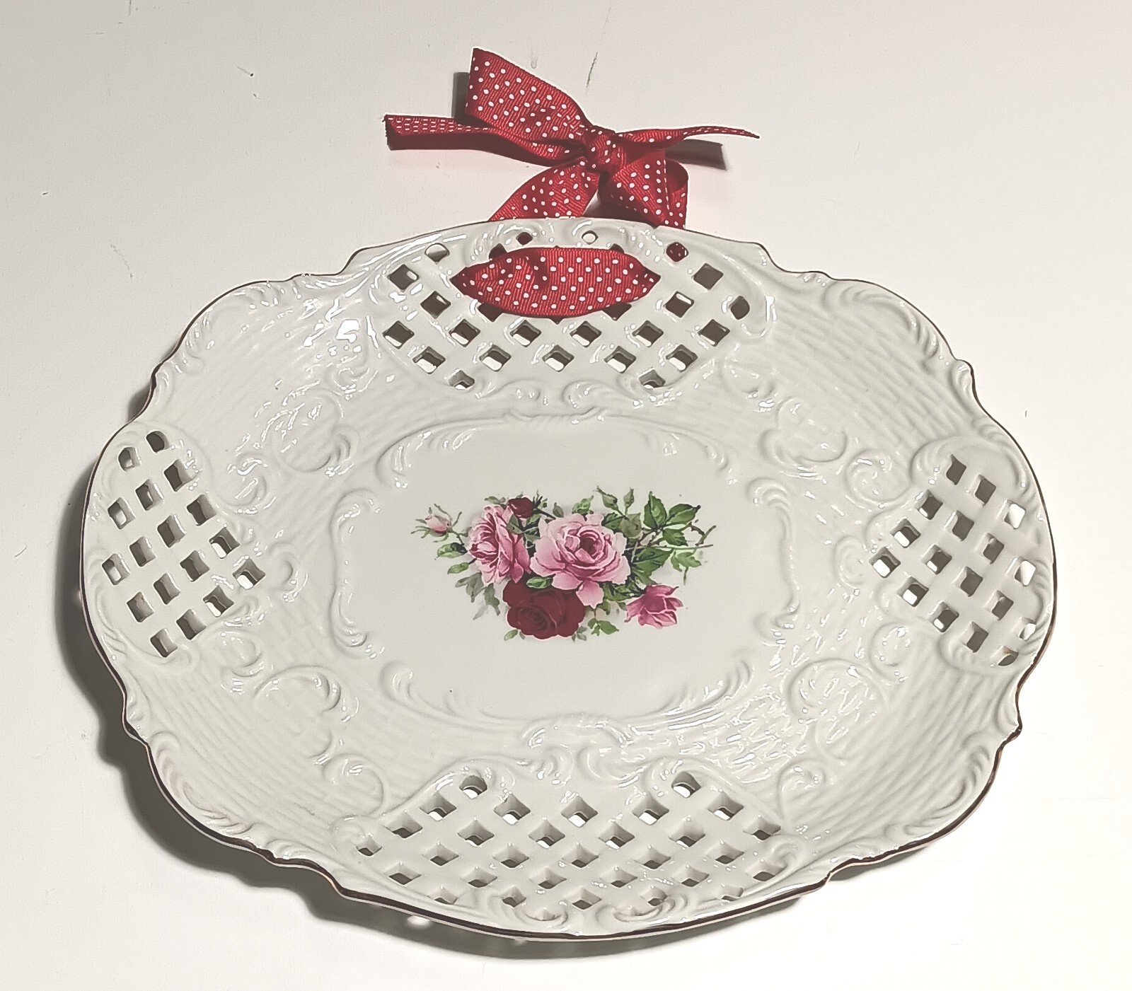 Formalities Baum Brothers Lattice Oval Decorative Platter Pink Roses Vintage