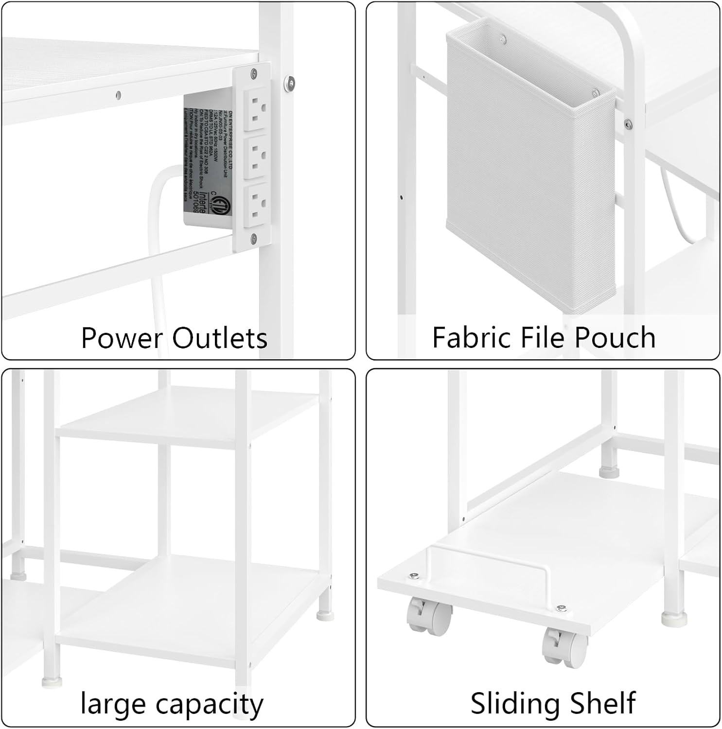 Home Printer Stand with Charging Station & Storage for Office - White