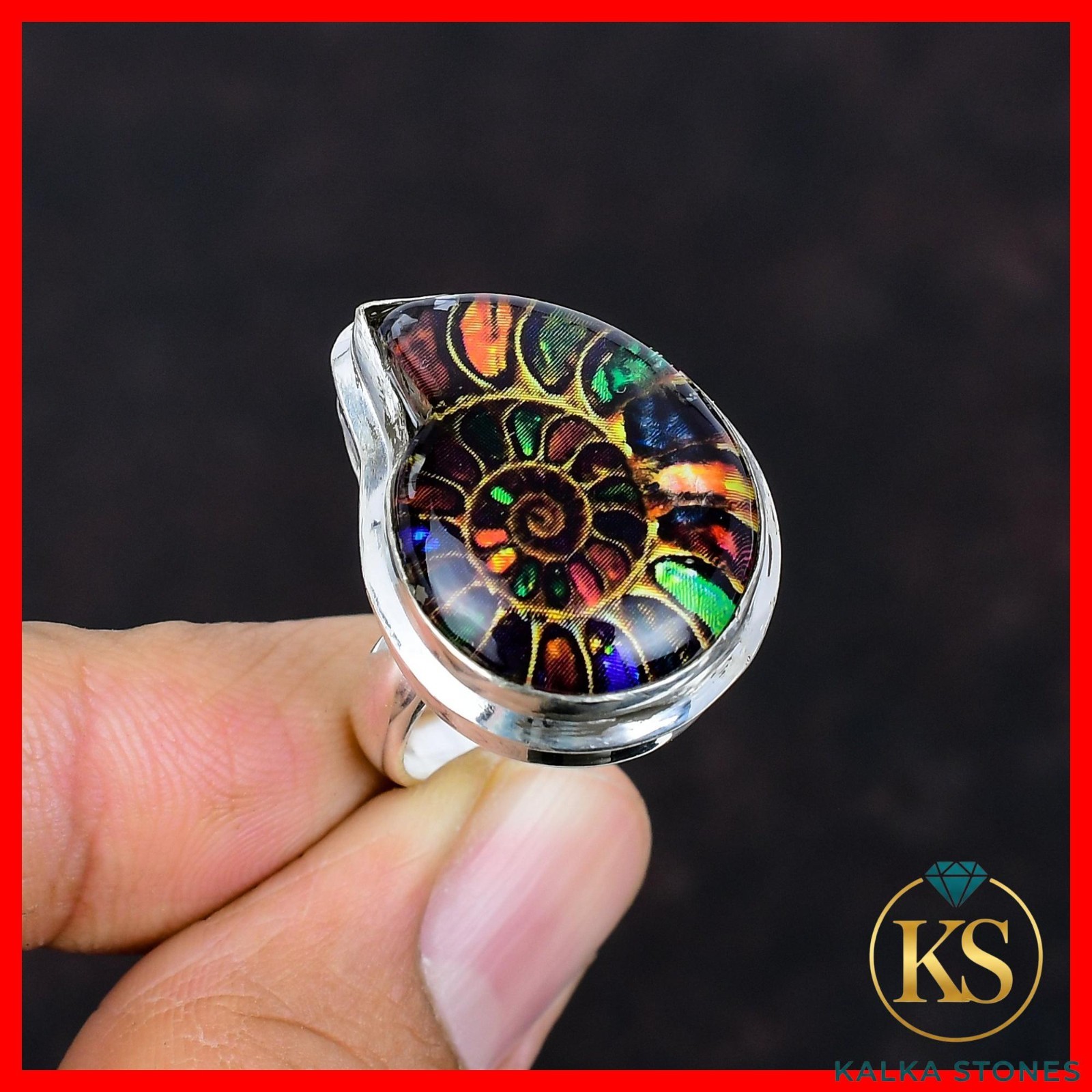 Valentines Sale Ammonite Doublet Opal Stone 925 Sterling Silver Solitaire Ring