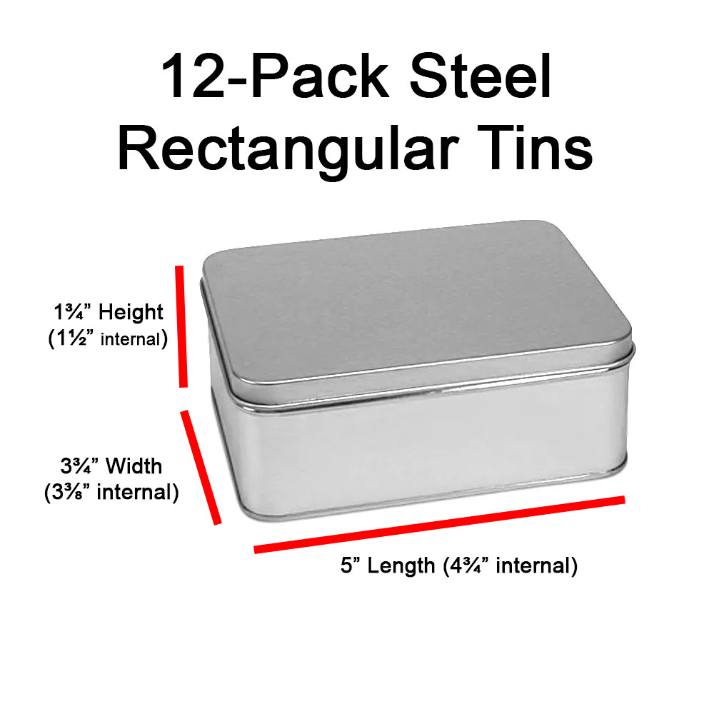 12-Pack Steel Rectangular Tins w/ Lids — 5" x 3¾" x 1¾" — Craft, Storage & Gift