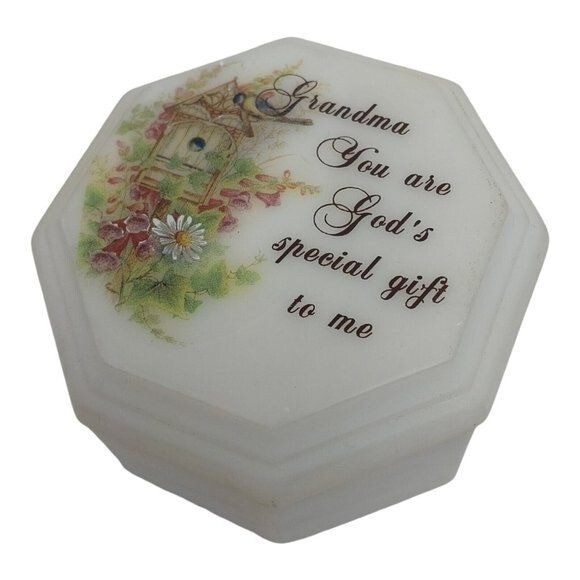 Trinket Box Ceramic Grandmother lidded padded inside White Floral resin birds