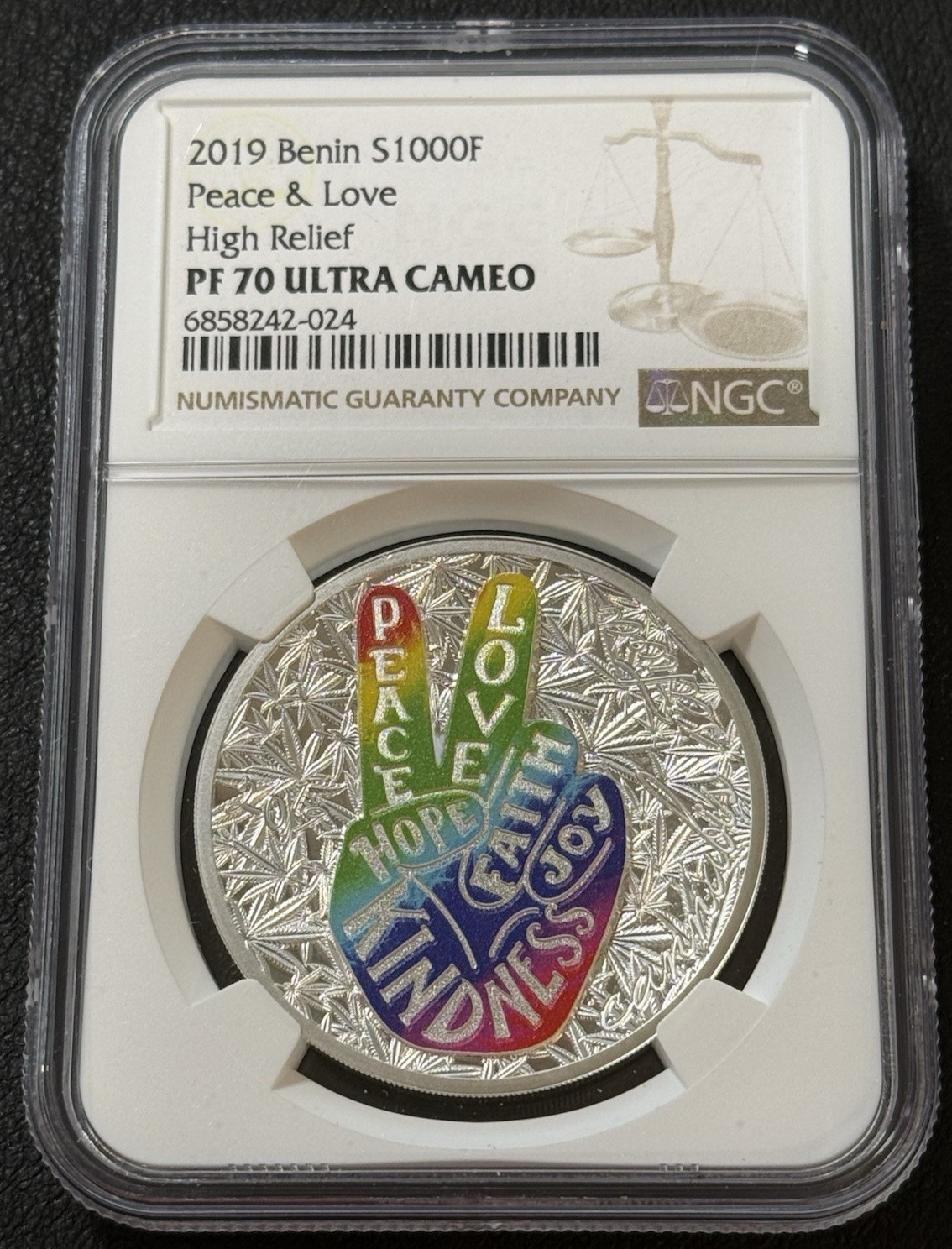 2019 1 Oz .999 Silver Benin Colorized Peace & Love Marijuana NGC PF 70 Ultra Cam