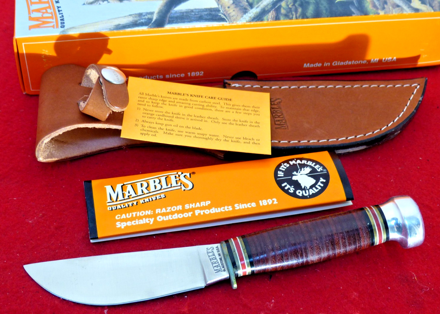 Marbles Gladstone USA mint in box HUNTER leather/aluminum fixed blade knife