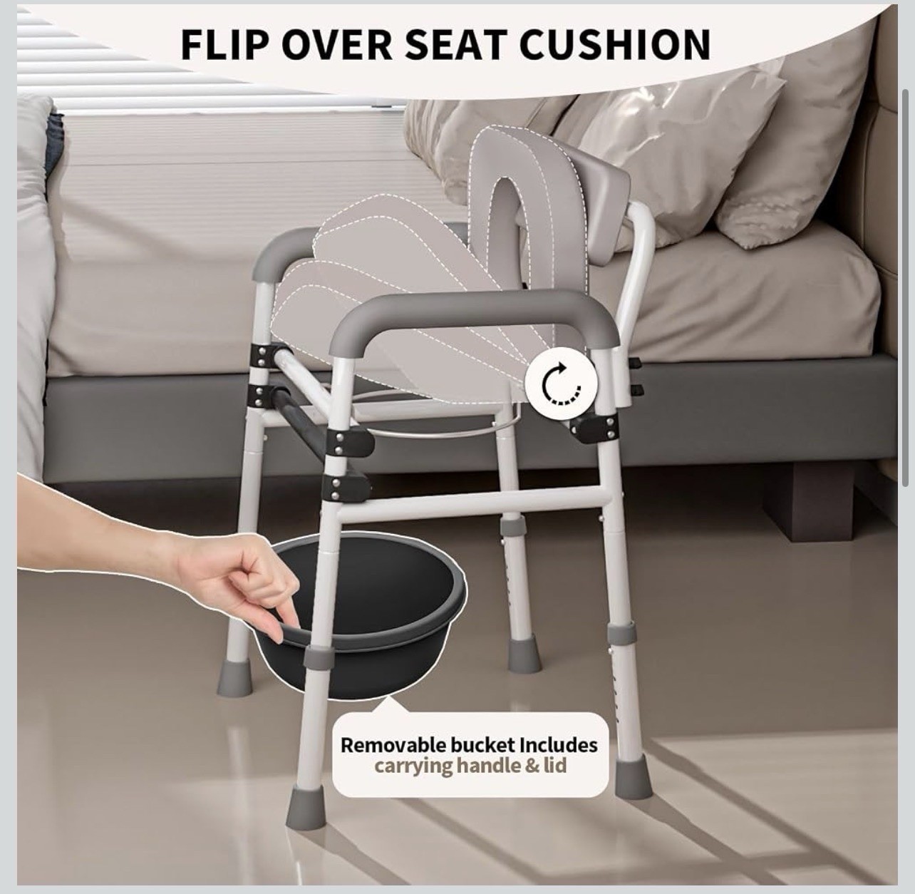 Adjustable Medical Bedside Commode Chair with Padded Backrest, Drop Arm Support