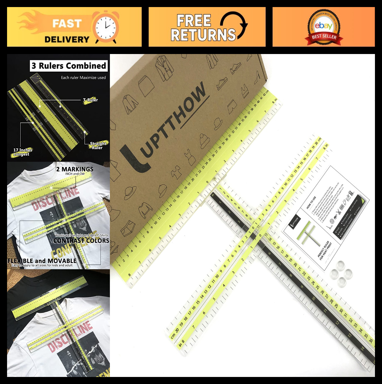 T-Shirt Alignment Ruler Guide Tool - Center Designs Acrylic T-Ruler Set for Heat