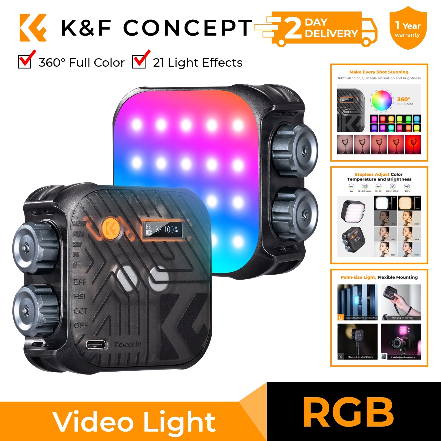 K&F CONCEPT Magnetic RGB Video Light 360° Full Color LED Portable Camera Light
