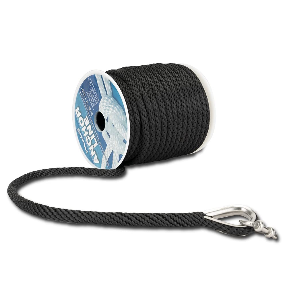 3/8" Premium Braided Anchor Rope 50FT with Thimble & Shackle - Black