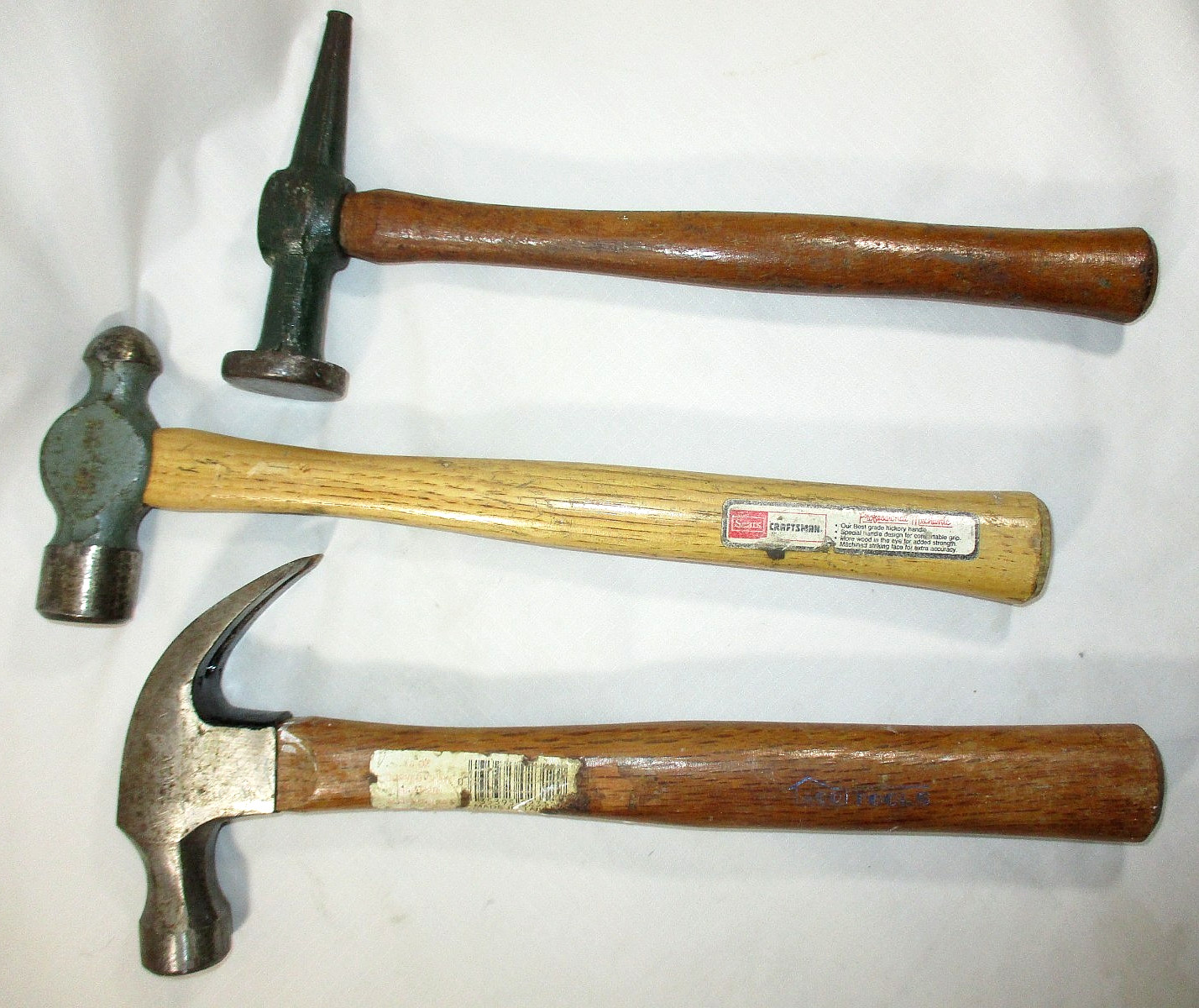 Vtg Wood Handled Hammer Variety Set Of Three~Ball Peen, Claw, & Body Shop~Nice!