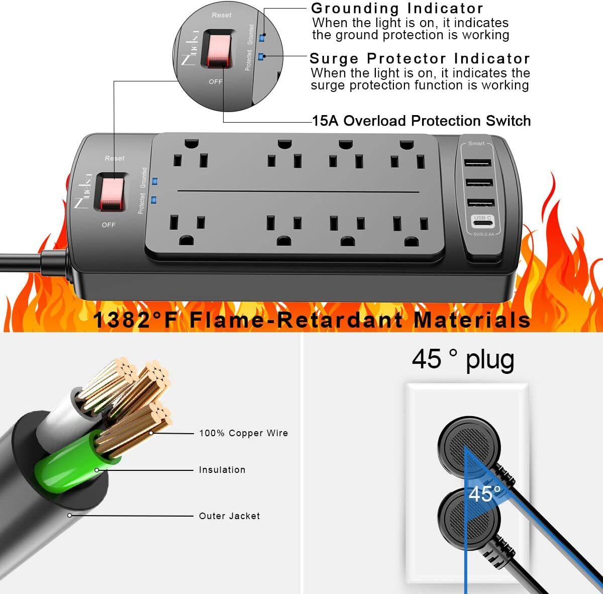 Surge Protector Power Strip - Nuetsa Flat Plug Extension Cord with 8 Outlets and