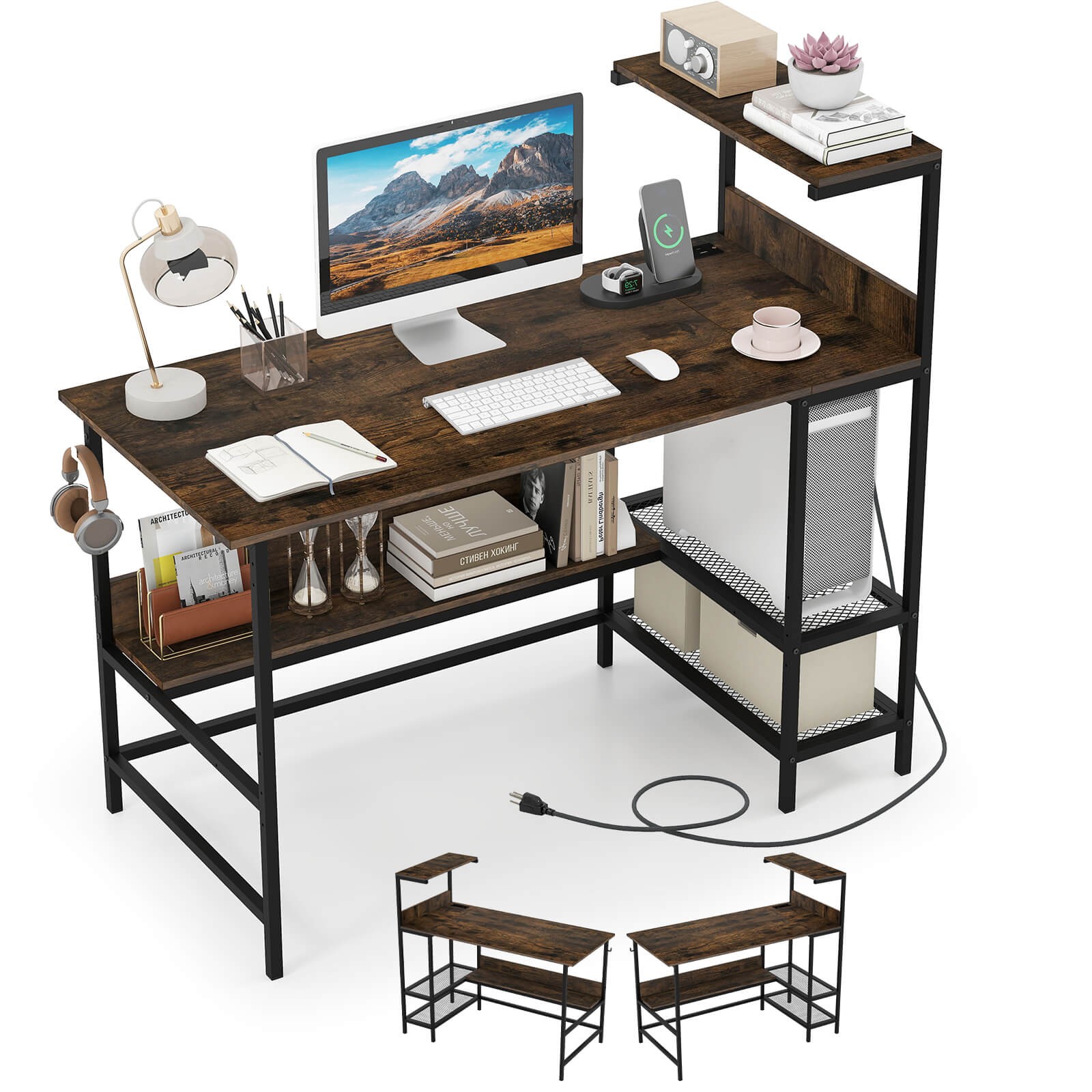 48” Computer Desk w/Power Outlets, Storage Shelves, Headphone Hook for Gaming