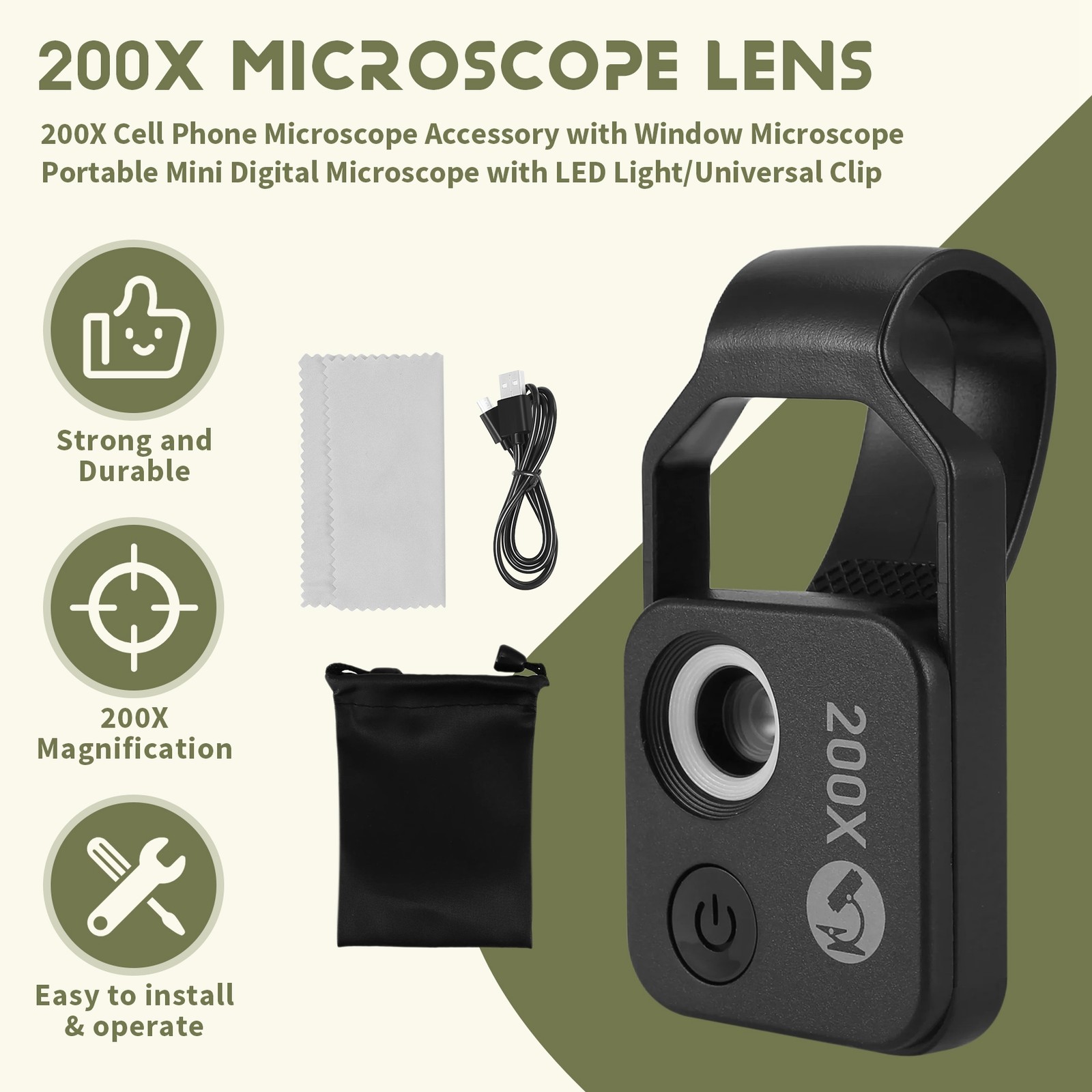 200X Cell Phone Microscope Accessory with Window Microscope, Portable 4190