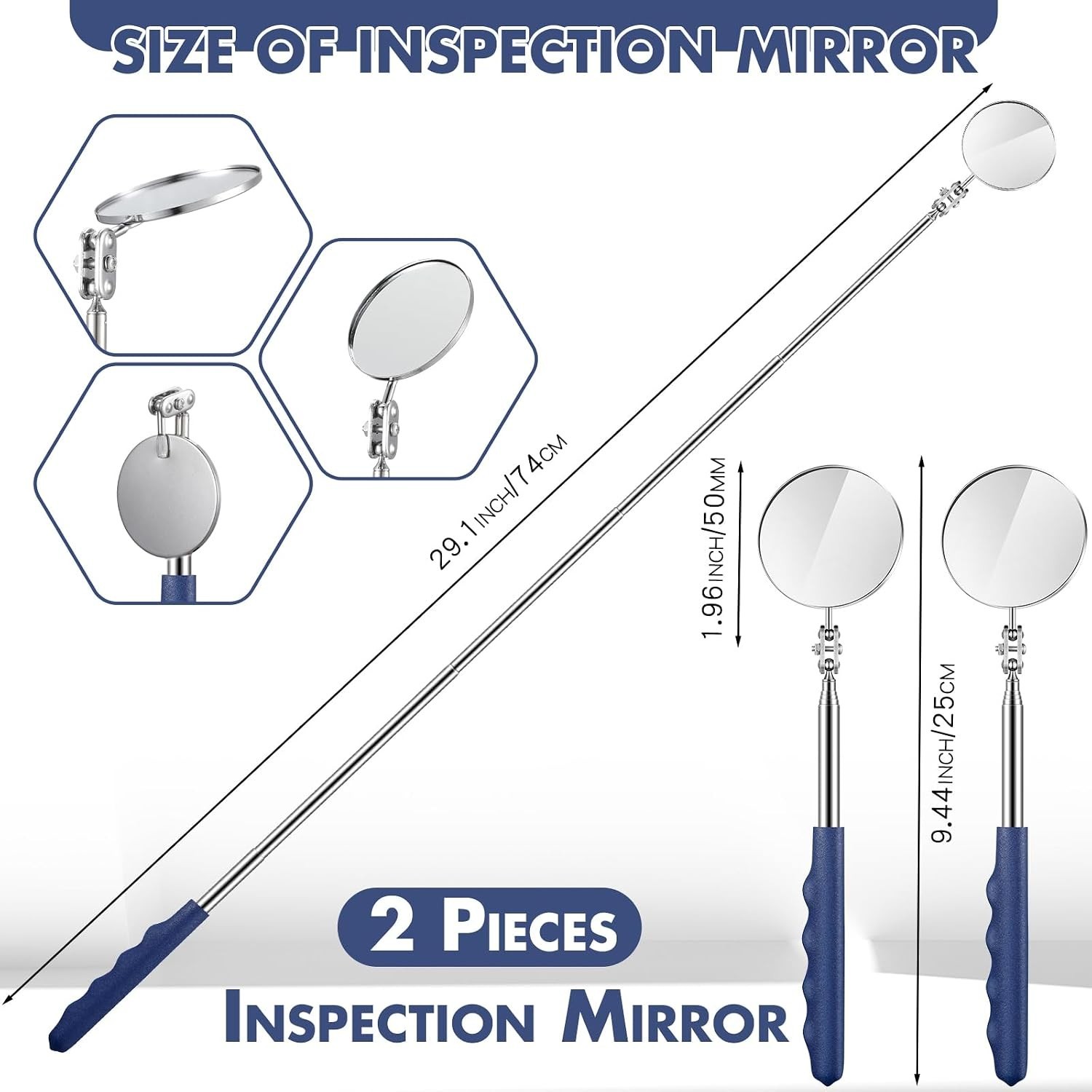 2-Pc Telescoping Inspection Mirrors with Adjustable Length for Mechanics