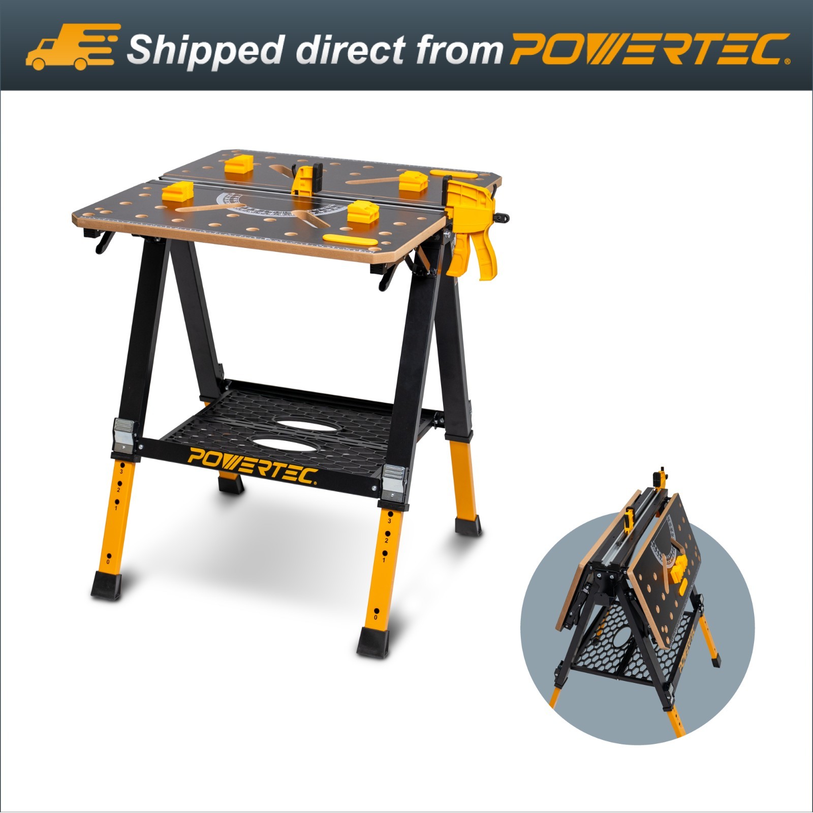 POWERTEC 2-in-1 Folding Work Table & Sawhorse 1000lb Capacity Portable Workbench
