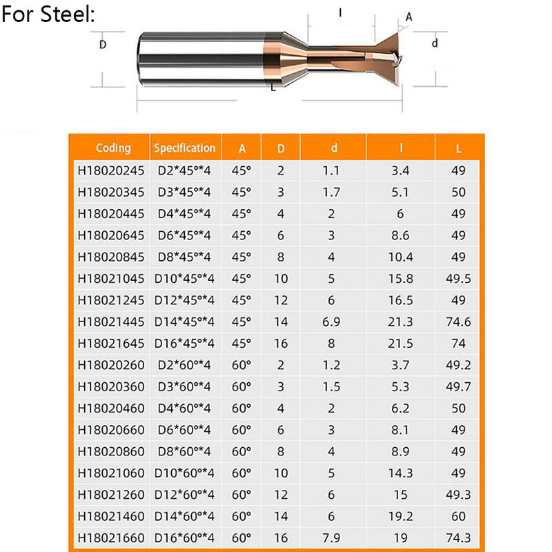 Dovetail Milling Cutter Solid Carbide End Mill 4 Flute 2-16mm Shank 45°60° Blade