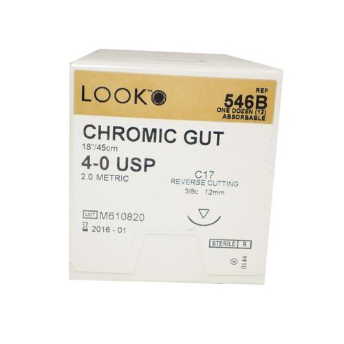Look X546B Chromic Gut Absorbable Sutures 4-0 18" C17 3/8 Circle 12mm 12/Pk