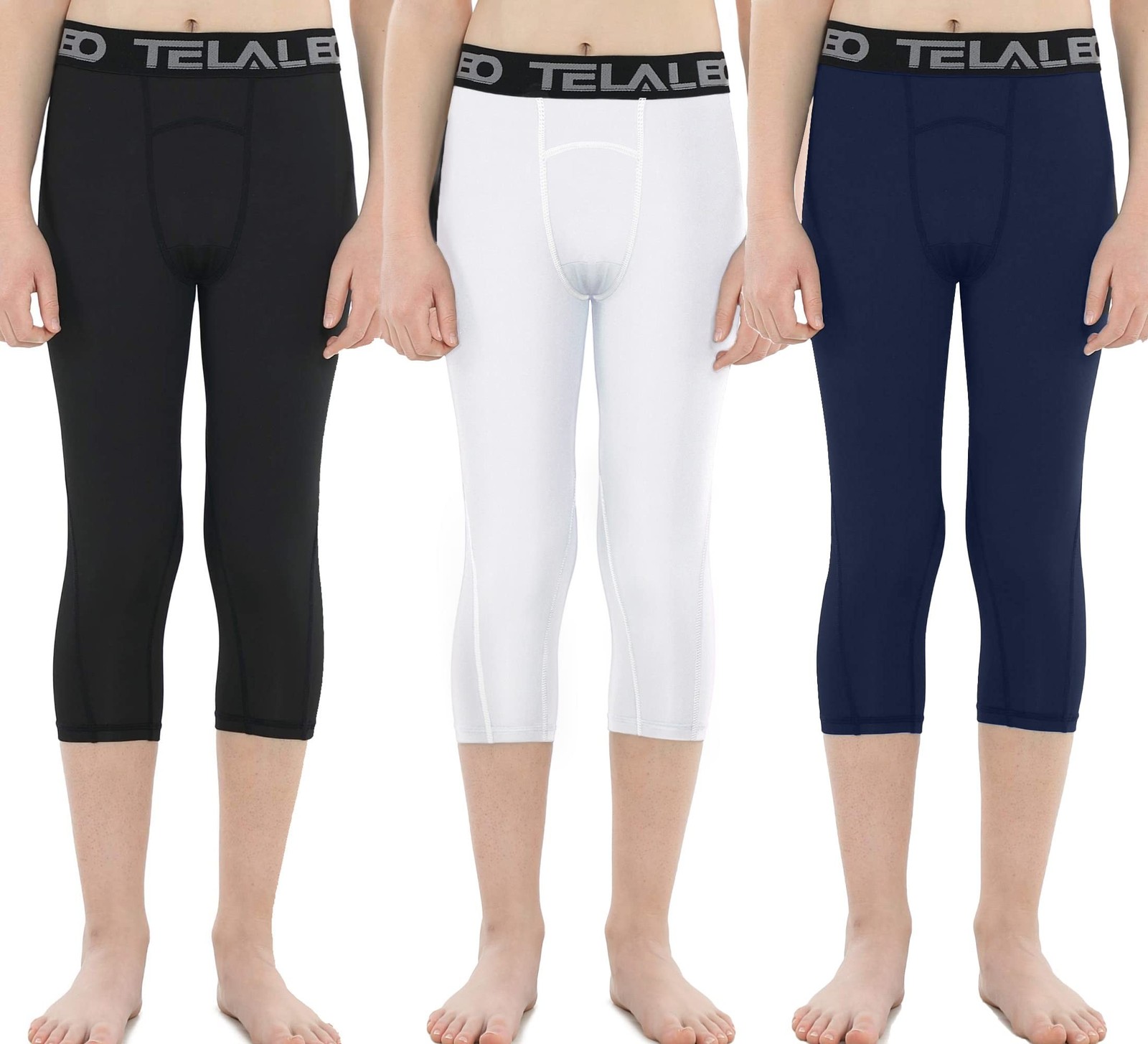 TELALEO 3/4 Boys Youth Compression Leggings Tights Base Layer Sports Running ...