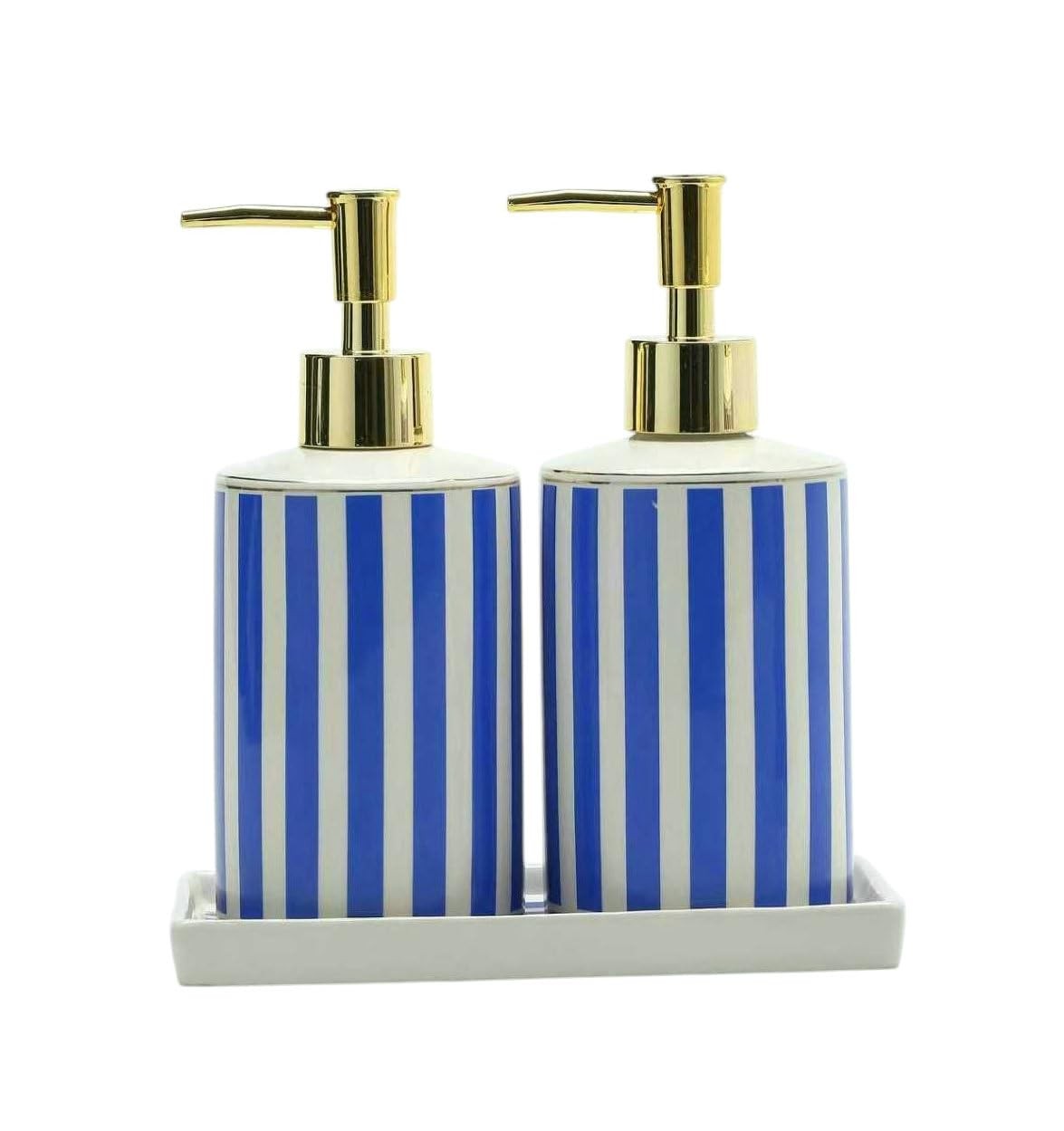 Coastal Blue & White Ceramic Soap Dispenser Set with Gold Pump – 3-Piece Bath...